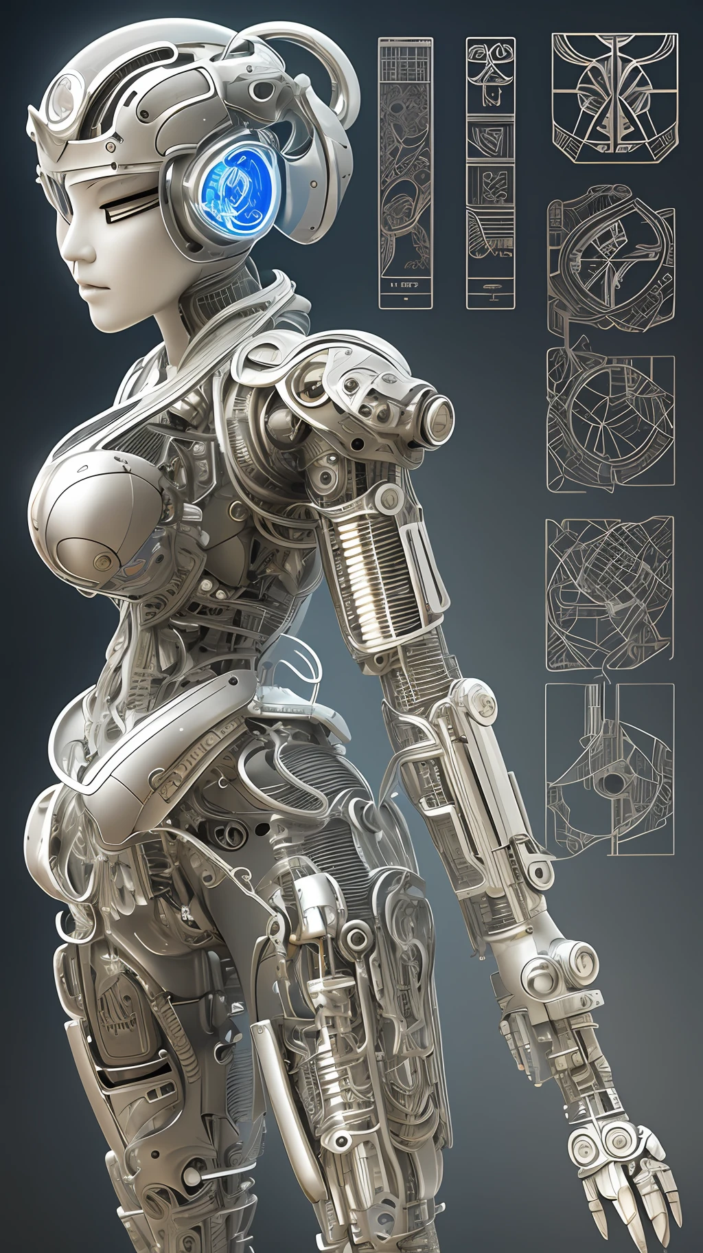Character Sheet, complex 3d render ultra detailed of a beautiful Japanese girl android cyborg, robotic parts, beautiful studio soft light, rim light, vibrant details, luxurious cyberpunk, android body made of white and silver transparent glass and plastic, , silver metal internal body mechanisms, dynamic pose, flowing organic components, detailed engraving, lacework designs, glowing golden circuitry, art by H.R. Giger, Greg Rutowski