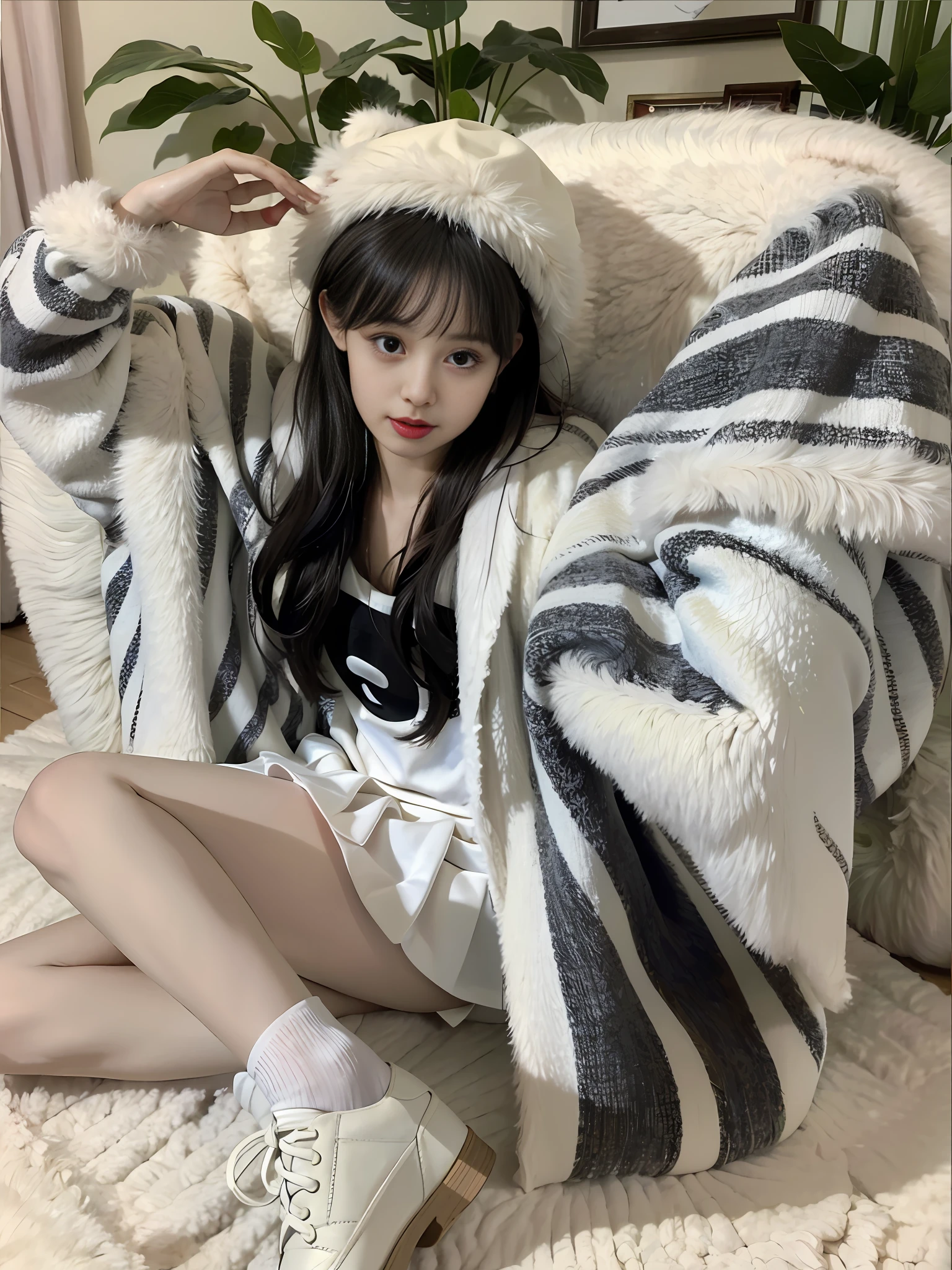 Arakfi girl sitting on bed with blanket over her head, Urzan, 2263539546], designed for comfortable aesthetics! , Dilababadil Murrat, 8K)), E-girl, electronic girl, high-quality material BSSRDF, 1285445247] Hands on the back