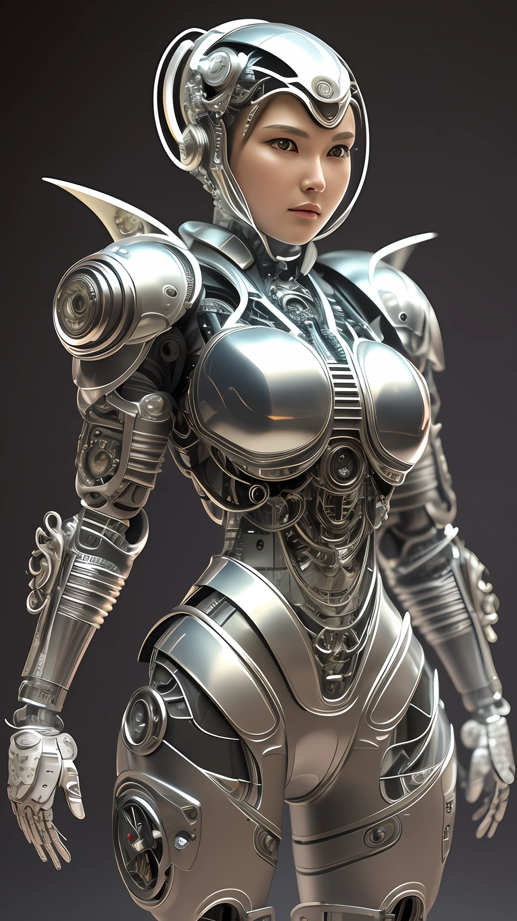 Character Sheet, complex 3d render ultra detailed of a beautiful Japanese girl android cyborg, robotic parts, beautiful studio soft light, rim light, vibrant details, luxurious cyberpunk, android body made of white and silver transparent glass and plastic, , silver metal internal body mechanisms, dynamic pose, flowing organic components, detailed engraving, lacework designs, glowing golden circuitry, art by H.R. Giger, Greg Rutowski