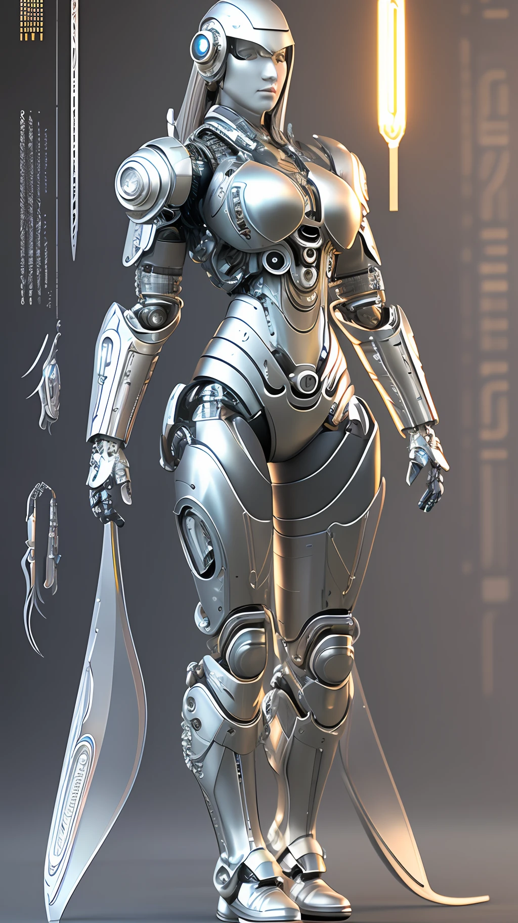 Character Sheet, complex 3d render ultra detailed of a beautiful Japanese girl android cyborg, robotic parts, beautiful studio soft light, rim light, vibrant details, luxurious cyberpunk, android body made of white and silver transparent glass and plastic, , silver metal internal body mechanisms, dynamic pose, flowing organic components, detailed engraving, lacework designs, glowing golden circuitry, art by H.R. Giger, Greg Rutowski