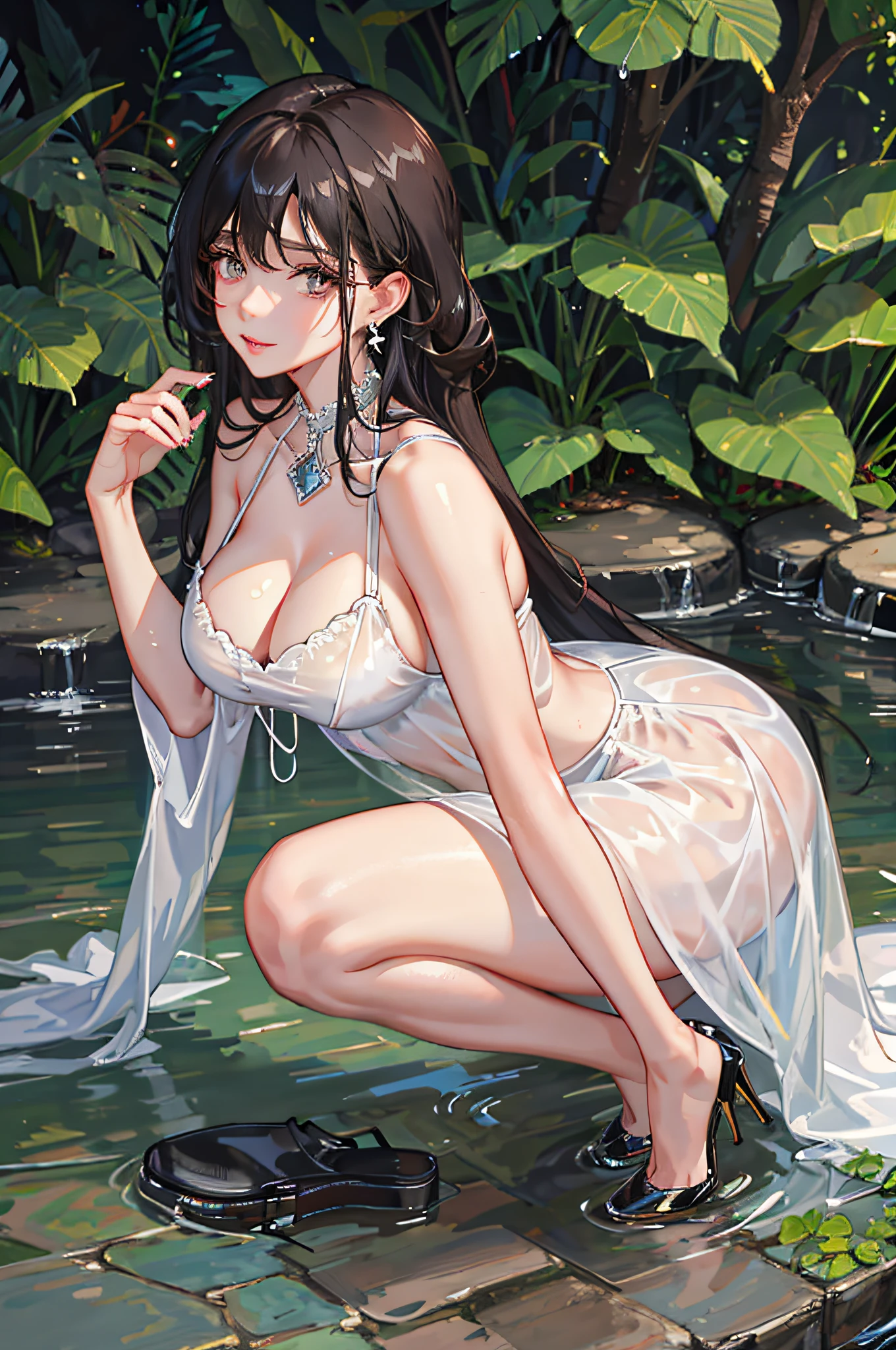 ((Best Quality, 8k, Masterpiece: 1.3)), 1 woman, Beautiful girl with feminine abs: 1.3, Colossal: 1.2, (Sunny Park, Wet Clothes: 1.1), Ultra Detailed Face, Highly Detailed Lips, Detailed Eyes, Double Eyelids, Big Cleavage, Crawling on All Fours, Camera Gaze, See-Through Dress, Black Hair, High Heels, Heart Earrings, Milked