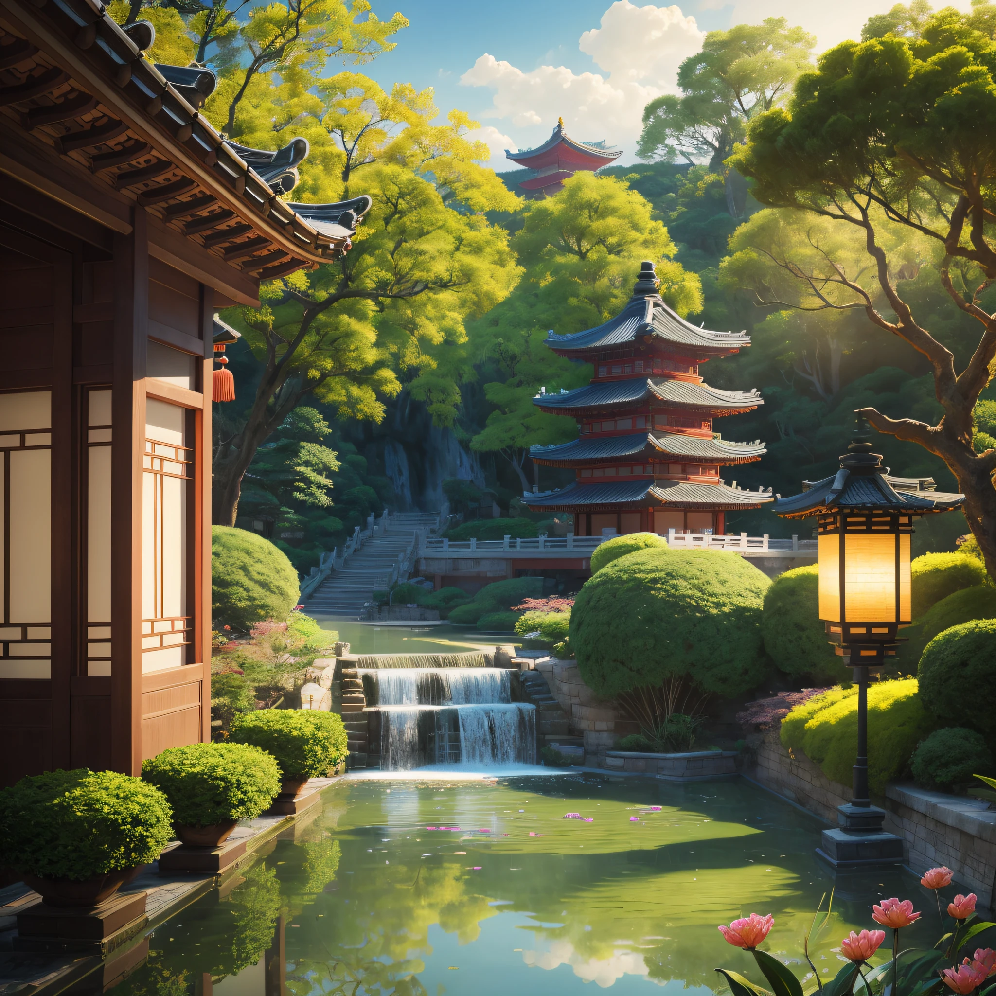 there is a small waterfall in the middle of a garden, dreamy chinese town, digital painting of a pagoda, zen temple background, beautiful render of tang dynasty, 3 d virtual landscape painting, lush japanese landscape, japonisme 3 d 8 k ultra detailed, beautiful digital artwork, cyberpunk chinese ancient castle, ross tran. scenic background, beautiful detailed scene, kyoto inspired