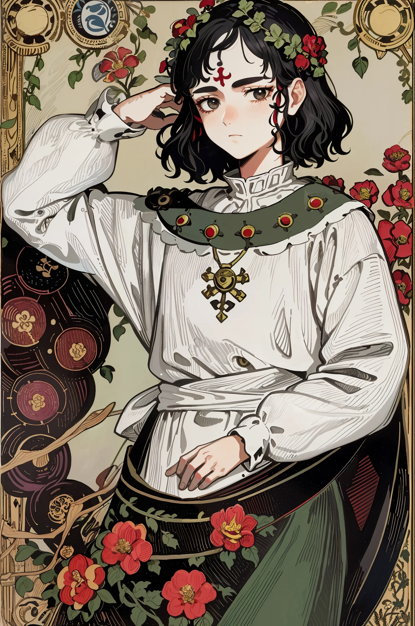 Tarot cards, fools, people, bonds, sticks and bags, cliffs, dogs, facial portrait of Princess Mononoke, close-up, see upper body and hands, upper body, black hair, floral frame, decorative panels, abstract art, Alphonse Mucha (masterpiece, best quality, high resolution: 1.4), detailed, intricate details, 4K, color splash, line art, fibonacci, outer frame, decorative frame, European decorative frame, silver decorative frame, red tattoo on face, red tattoo on face, short hair, black hair, Very short hair, Miyazaki style, Ghibli style, mask ornament on the head, draped in wolf skin, white salmon, thickened frame, green background, plant background, white tender skin,