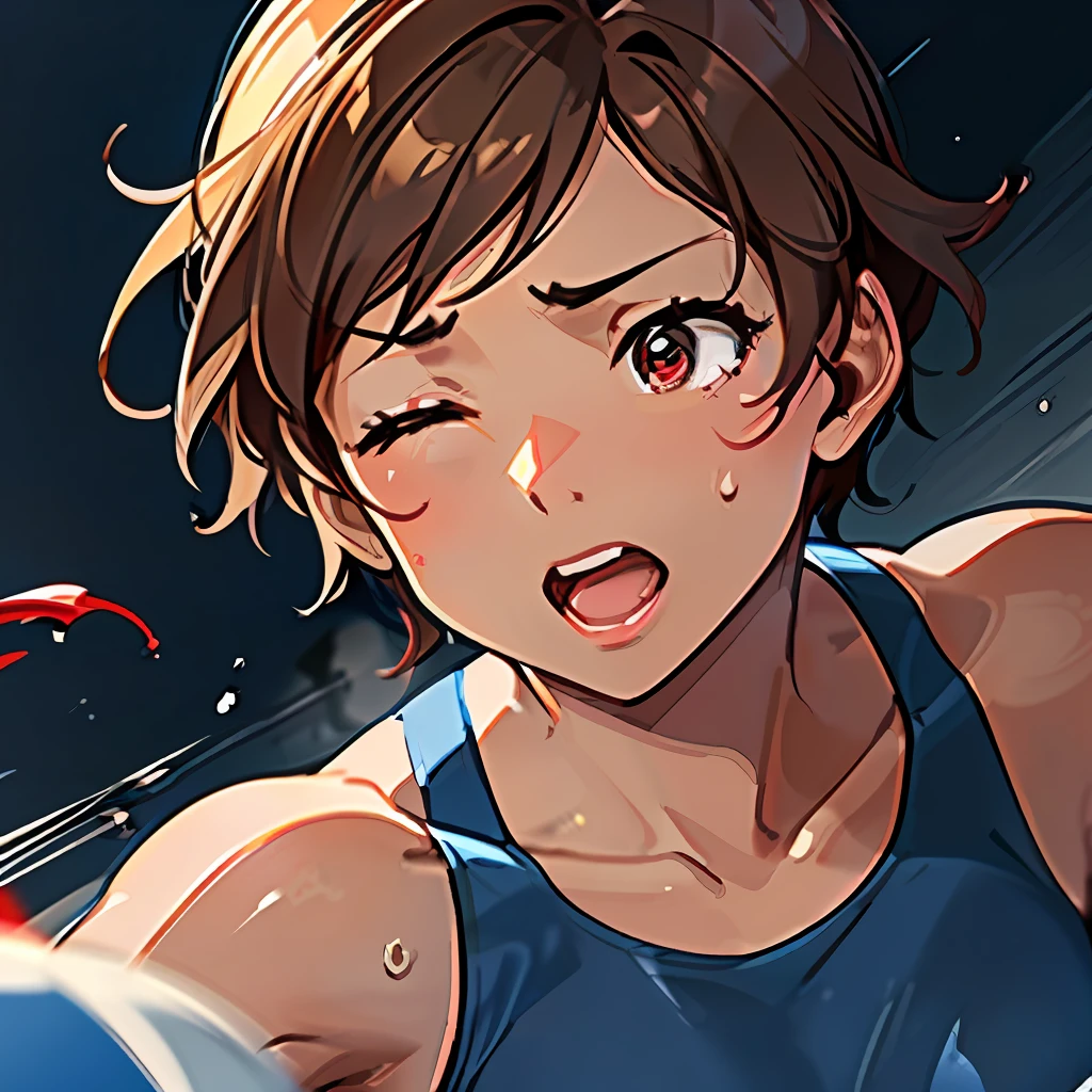 Mocha brown short cut woman. ((A woman is beaten in the face with red boxing gloves)). ((wearing a blue sports bra)). Both eyes are closed. Sweat and tears. Close-up image. Sideways face. One woman