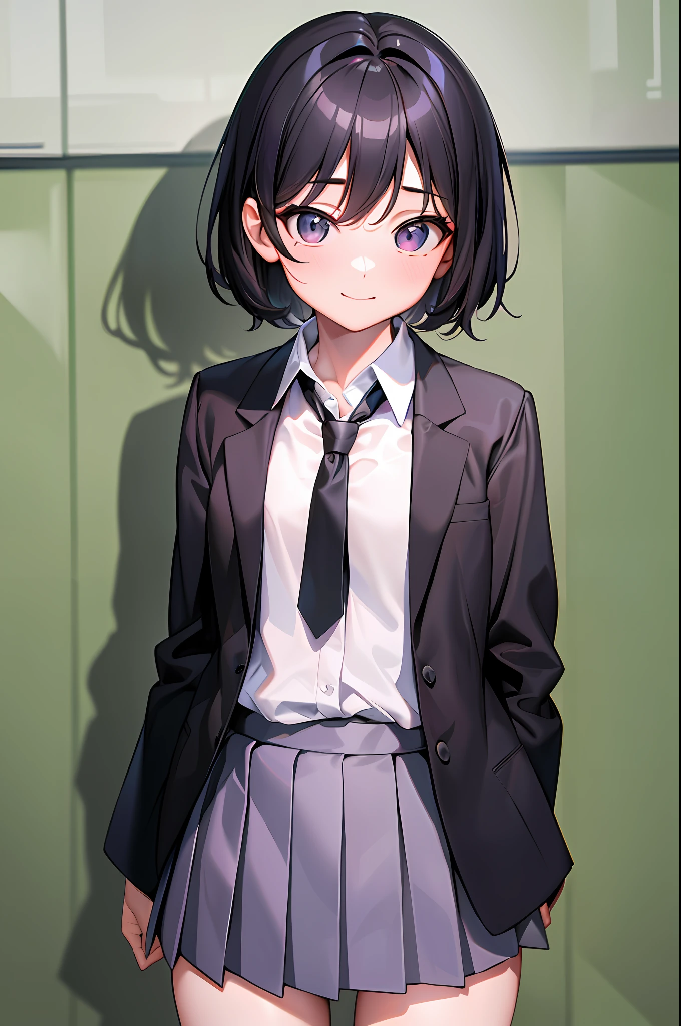 ((masterpiece, best quality, very detailed, ultra_highres, animate_style)), 1female_child, solo, ((emaciated)), [loli:1.6], (small_breast), kawaii, cute, smile, black_hair, short_hair, thin_eyebows, school_uniform, black_blazer, black_necktie, short_skirt, cowboy_shot, standing, looking_at_viewer