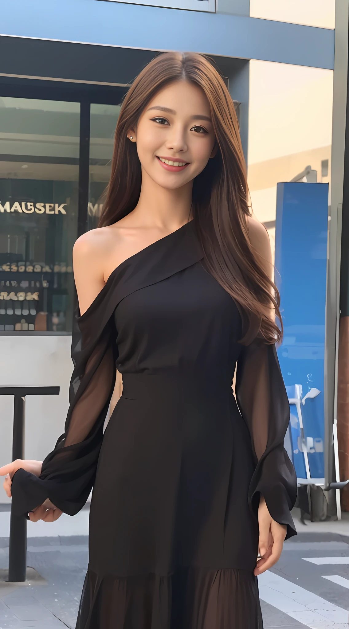 ((Best quality, 8k, Masterpiece :1.3)), 1girl, smiling, full body, slim face, Pretty woman, (Dark brown hair), full length dress :1.1, Ultra-detailed face, Detailed eyes, Double eyelid, blur background, slim face, city, outside, street,