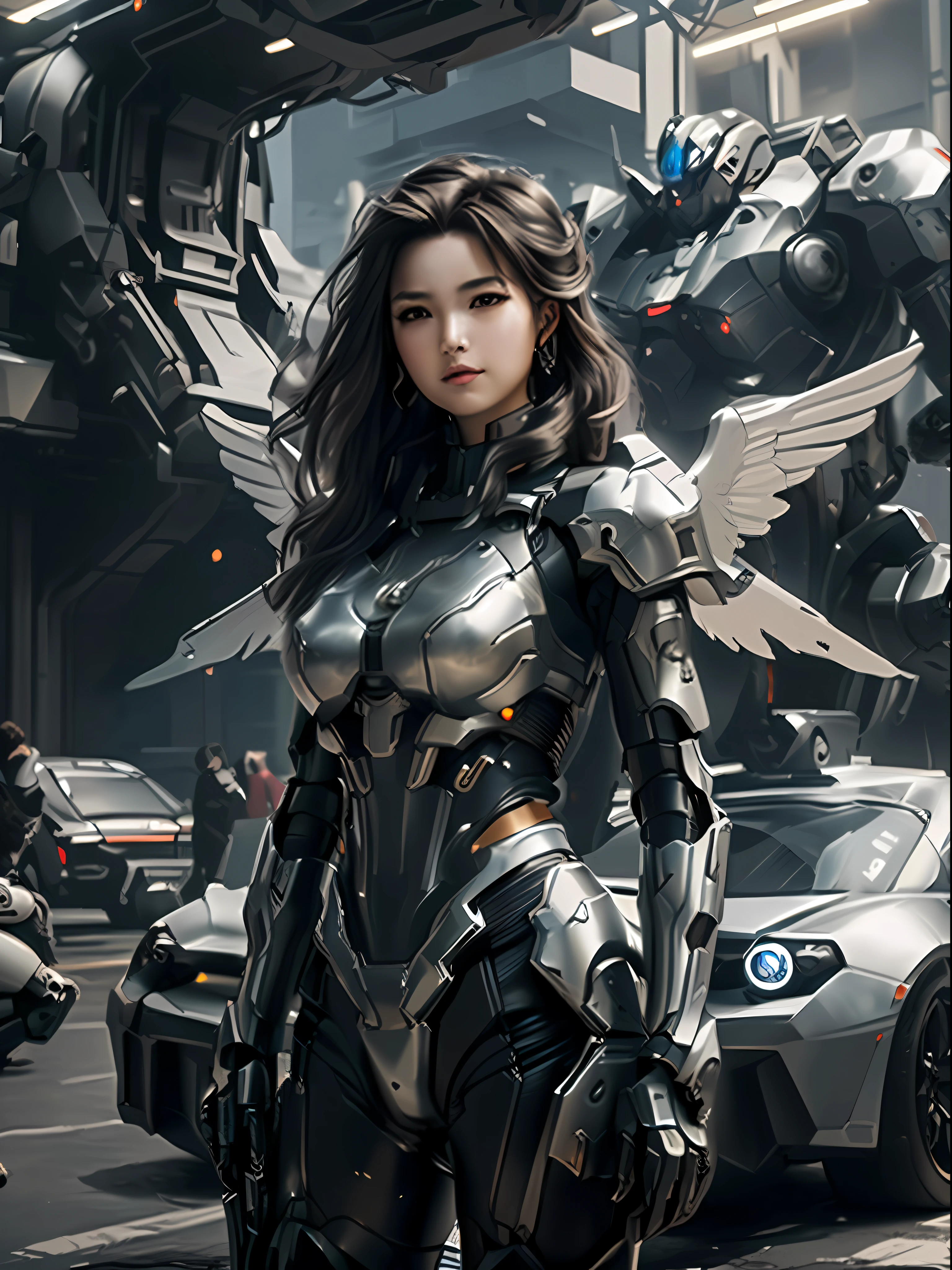 araffe woman in a futuristic suit standing in front of a car, mechanized valkyrie girl, girl in mecha cyber armor, beautiful cyborg angel girl, cgsociety and fenghua zhong, female mecha, futuristic robot angel, 2. 5 d cgi anime fantasy artwork, armor girl, angel knight girl, [ trending on cgsociety ]!!