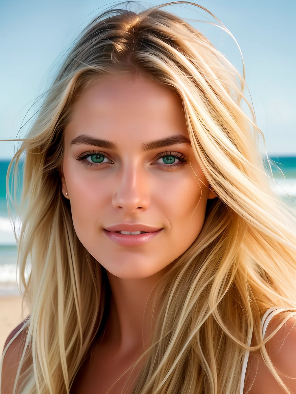 Cinematic soft lighting illuminates a stunningly detailed and ultra-realistic beautiful Australian supermodel, beach look, long messy windy blonde hair, clear green eyes, captivating perfect smile, sensual, hot woman, gorgeous, that is trending on ArtStation. Octane is the perfect tool to capture the softest details of this 16k photography masterpiece.