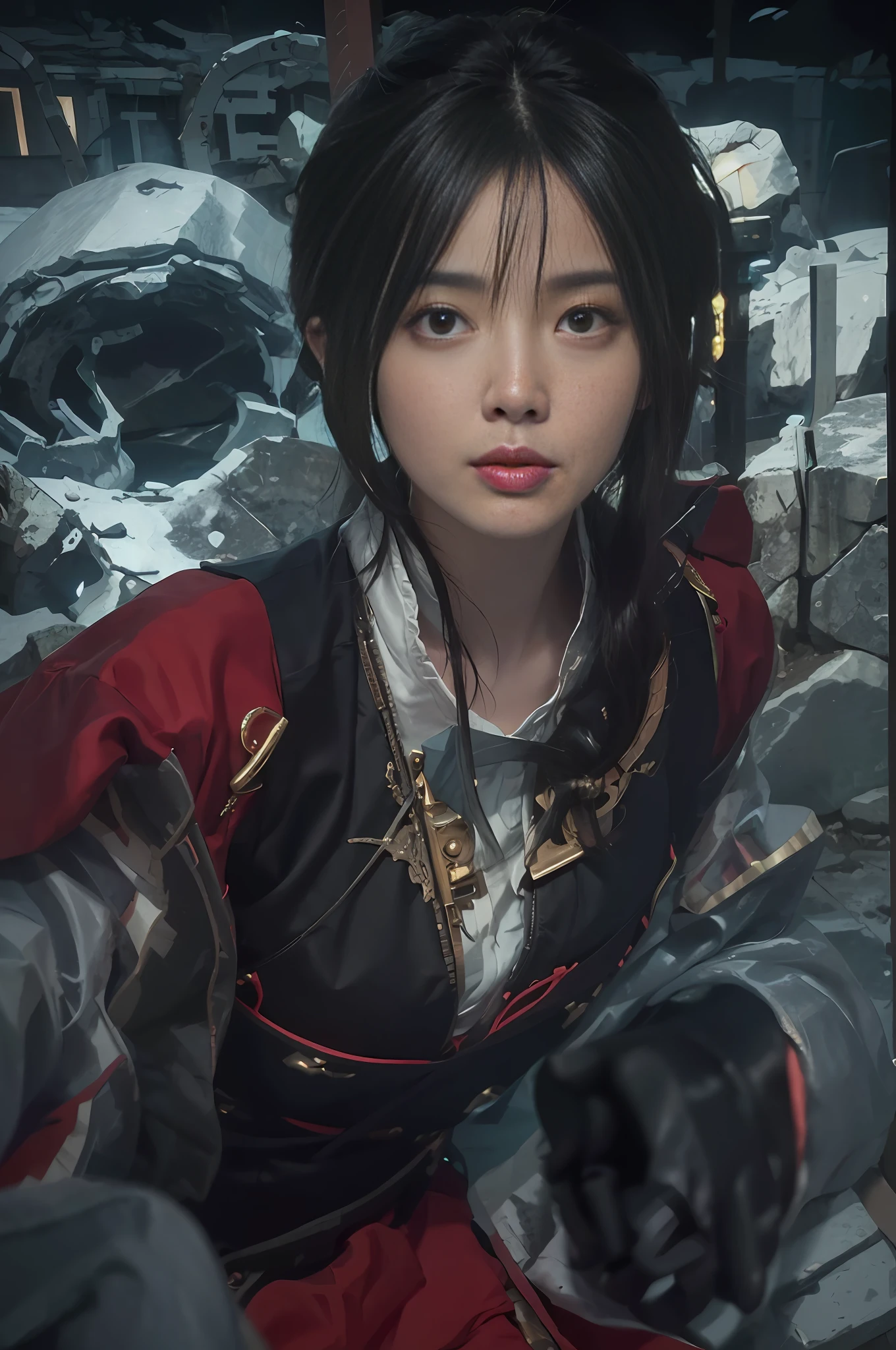 "There is a very detailed face in the dark, white skin, beautiful and delicate, 1girl in official uniform, long hair and black/red hanfu. It is a surreal portrait of a woman by David Hockney and Alfa Mumei, in the style of fantasy art and realistic photographs. Using dynamic lighting and volumetric lighting, it was shot at the angle of the Cowboy Shot, presenting 4K picture quality. This award-winning poster can be viewed on ArtStation. "