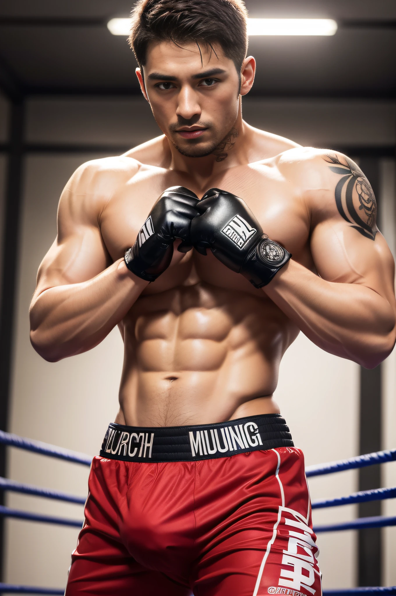 Handsome guy, 25 years old, master work, best picture quality, higher quality, high detail, super high resolution, 8k resolution, delicate facial features, boy, big muscles, tattoos, glowing eyes, short hair, hair details, [[Look away, look to the side, emphasize homosexuality and pay attention to every detail , Muay Thai suit, Muay Thai ring ((((crotch bulge))))) whole body