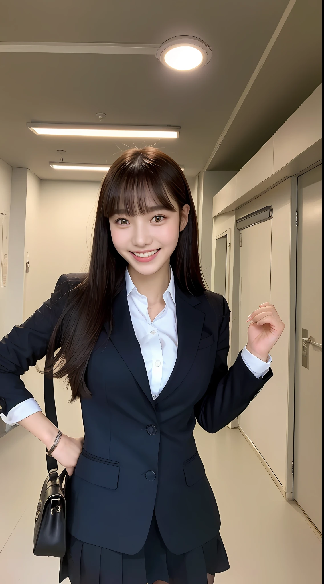 (Best Quality, 8K:1.1),(Slim Beauty:1.4),(C Cup:1.3,Beautiful:1.2),High Student, Blazer,Dress Shirts,Black Tight Skirt,(Necklace:0.4),Handbag,Light Makeup,Round Nose,Super Thin Face,Drooping Eyes,Double Eyelids,(Bangs + Smile:1.2),Perfect Tooth Alignment.