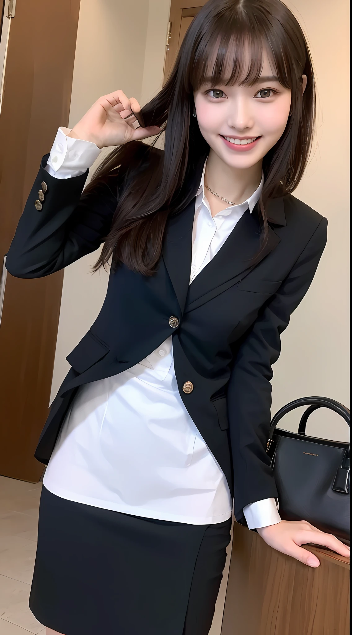 (Best Quality, 8K:1.1),(Slim Beauty:1.4),(C Cup:1.3,Beautiful:1.2),High School Student, Blazer,Dress Shirts,Black Tight Skirt,(Necklace:0.4),Handbag,Light Makeup,Round Nose,Super Thin Face,Drooping Eyes,Double Eyelids,(Bangs + Smile:1.2),Perfect Tooth Alignment.