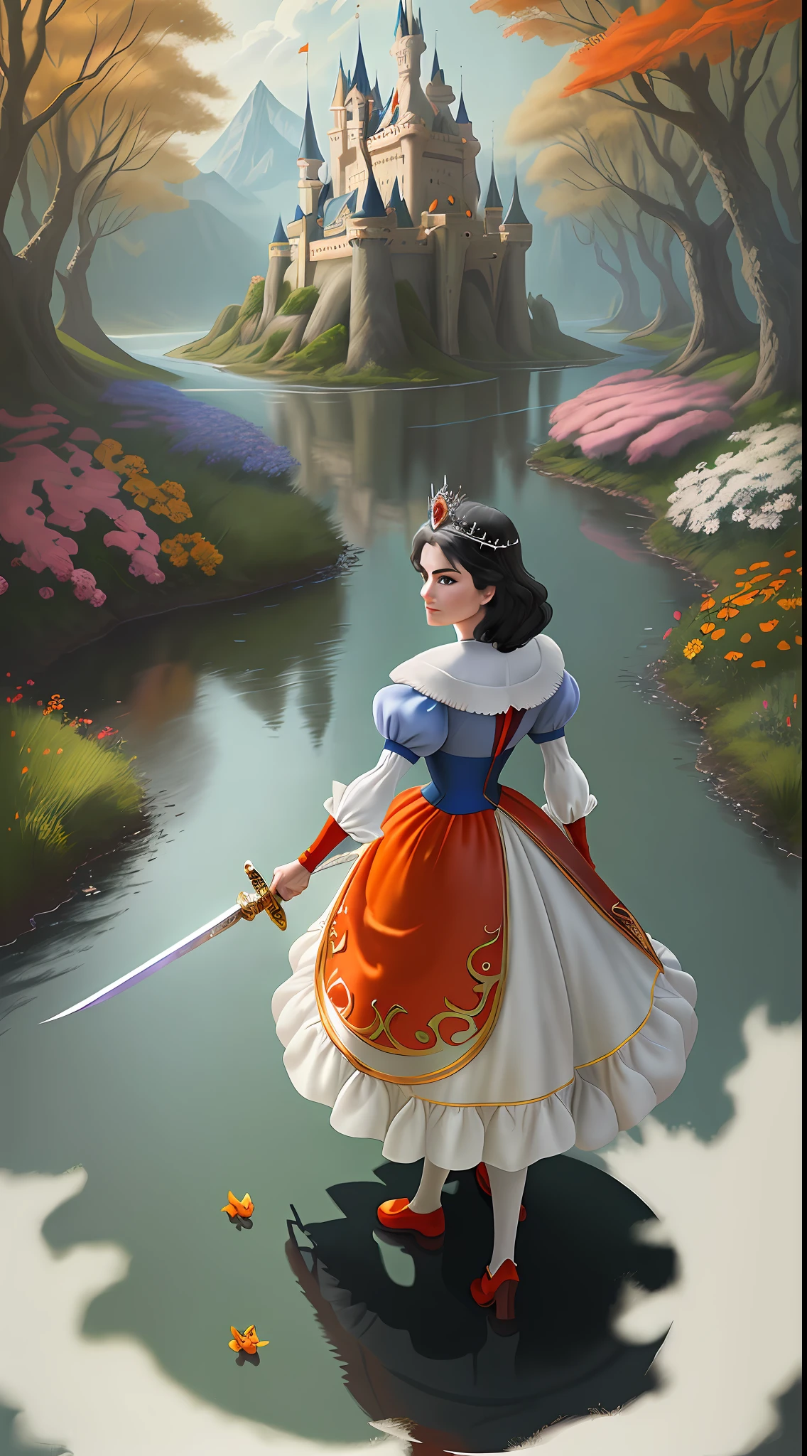 a middle-aged gray-haired Disney Princess Snow White fighting with a sword wearing a crown in the woods with many cute animals near her, dancing first-person view. Many flowers of various colors. A sunny day. with a river and a fairytale castle in the background. Walt Disney cartoon style, angry, masterpiece. With orange and red roses, from outside. Snow White playing with animals, Wide-Angle, f/2.8, Canon, wide shot, from above, from below, first-person view, , sideways, polar opposites, social media composition. A summer day.