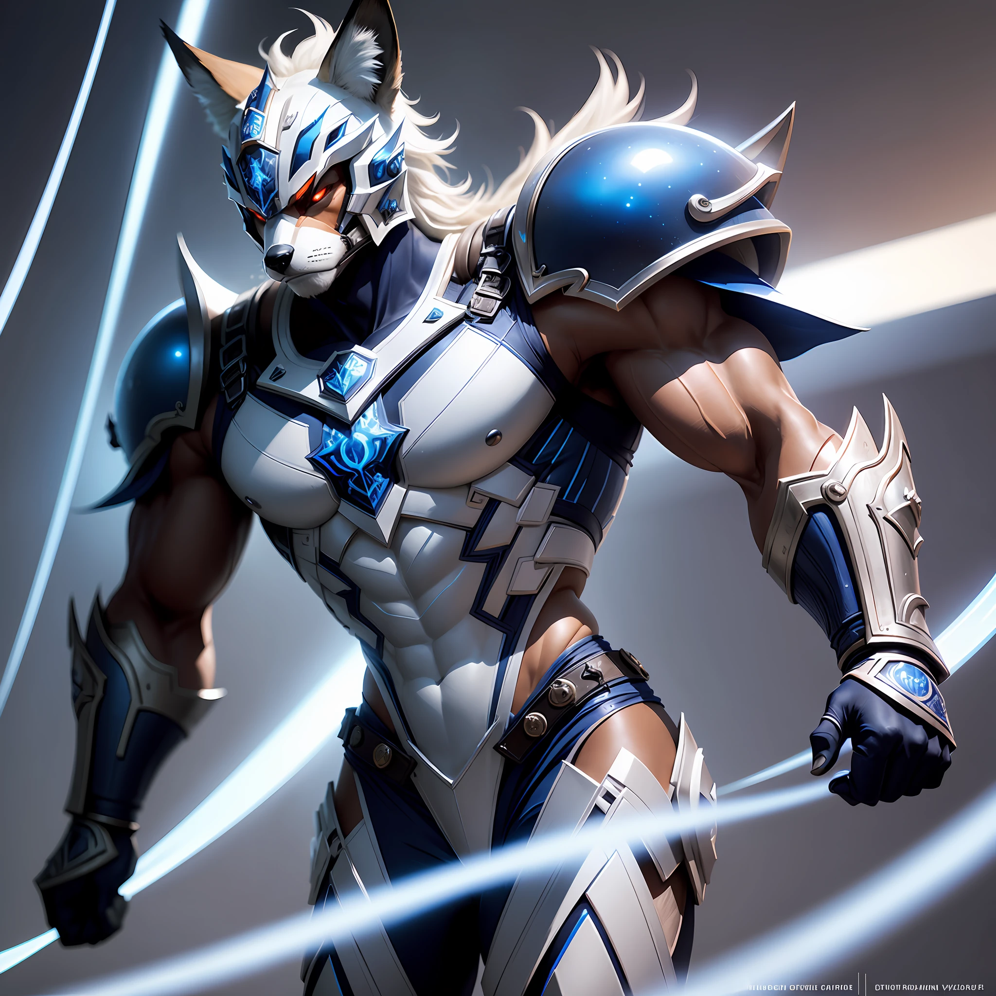 "A stylized fox in futuristic warrior armor in blue metal with white details, richly detailed, with an emphasis on the muscular forms on display. He stands in a majestic pose in the center of a football stadium setting, while his eyes have been dyed ruby red."