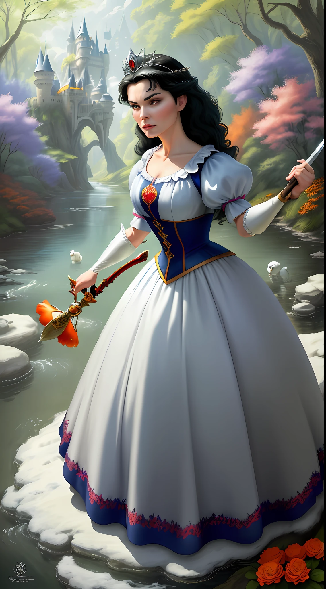 a middle-aged gray-haired Disney Princess Snow White fighting with a sword wearing a crown in the woods with many cute animals near her, dancing first-person view. Many flowers of various colors. A sunny day. with a river and a fairytale castle in the background. Walt Disney cartoon style, angry, masterpiece. With orange and red roses, from outside. Snow White playing with animals, Wide-Angle, f/2.8, Canon, wide shot, from above, from below, first-person view, , sideways, polar opposites, social media composition. A summer day.