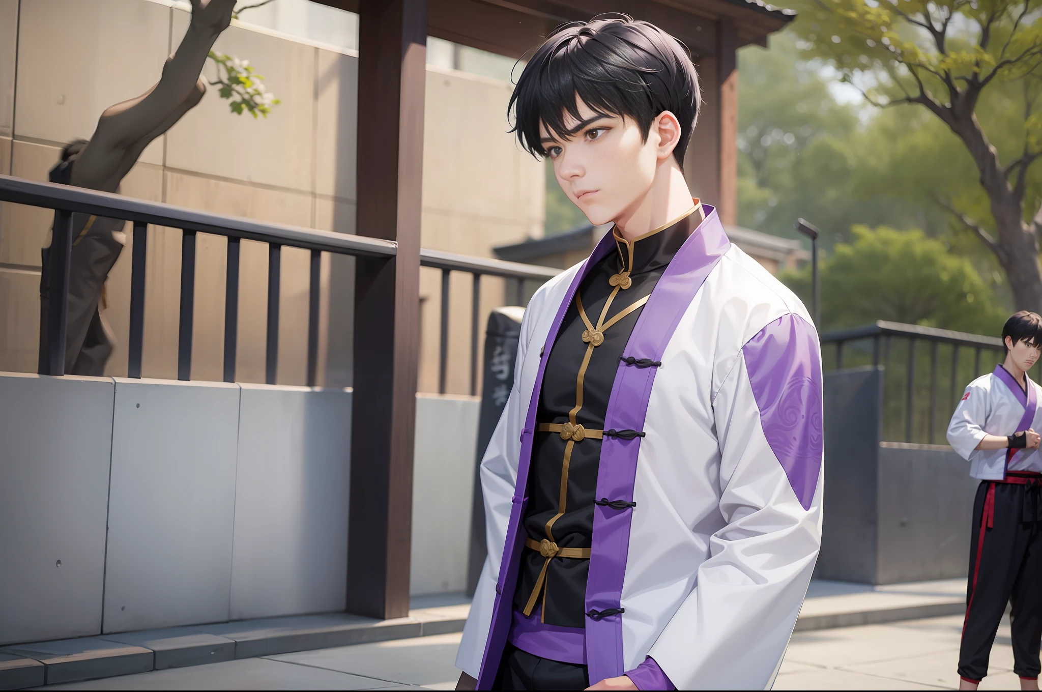Boy, 18 years old boy, standing outside, martial arts practice, looking ahead, watching, serious, nervous, purple clothes, ancient costume, martial arts training uniform, black hair, super short hair, 4K, HD, a lot of details, ancient martial arts style, Chinese martial arts. Martial arts practice, a lot of people.