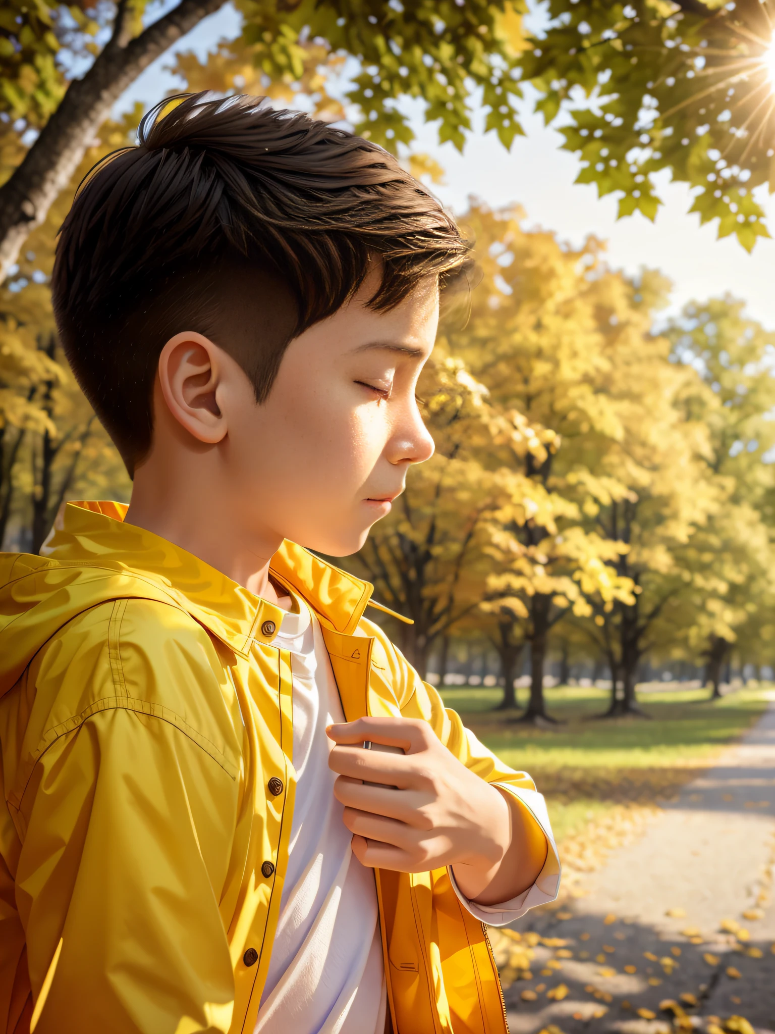 a traveling boy wearing a white shirt and holding a yellow coat under a foring sun and the action of seeing in the leaves of the trees moving in a magnificent landscape --auto --s2