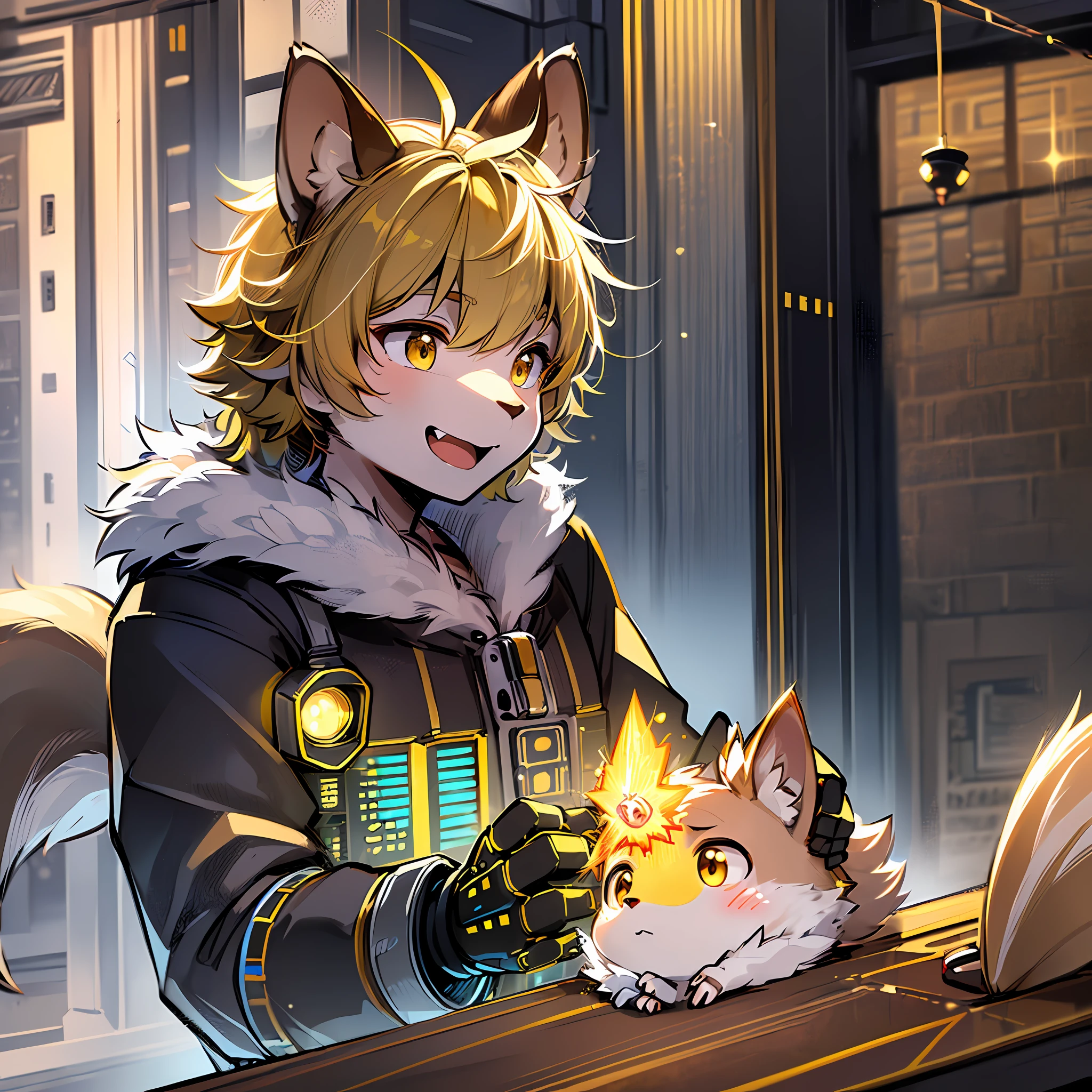 ((man: yellow color, squirrel ears adorable and lively, fur, genius ))invents the robot, lush lighting, spark, robot, hard work