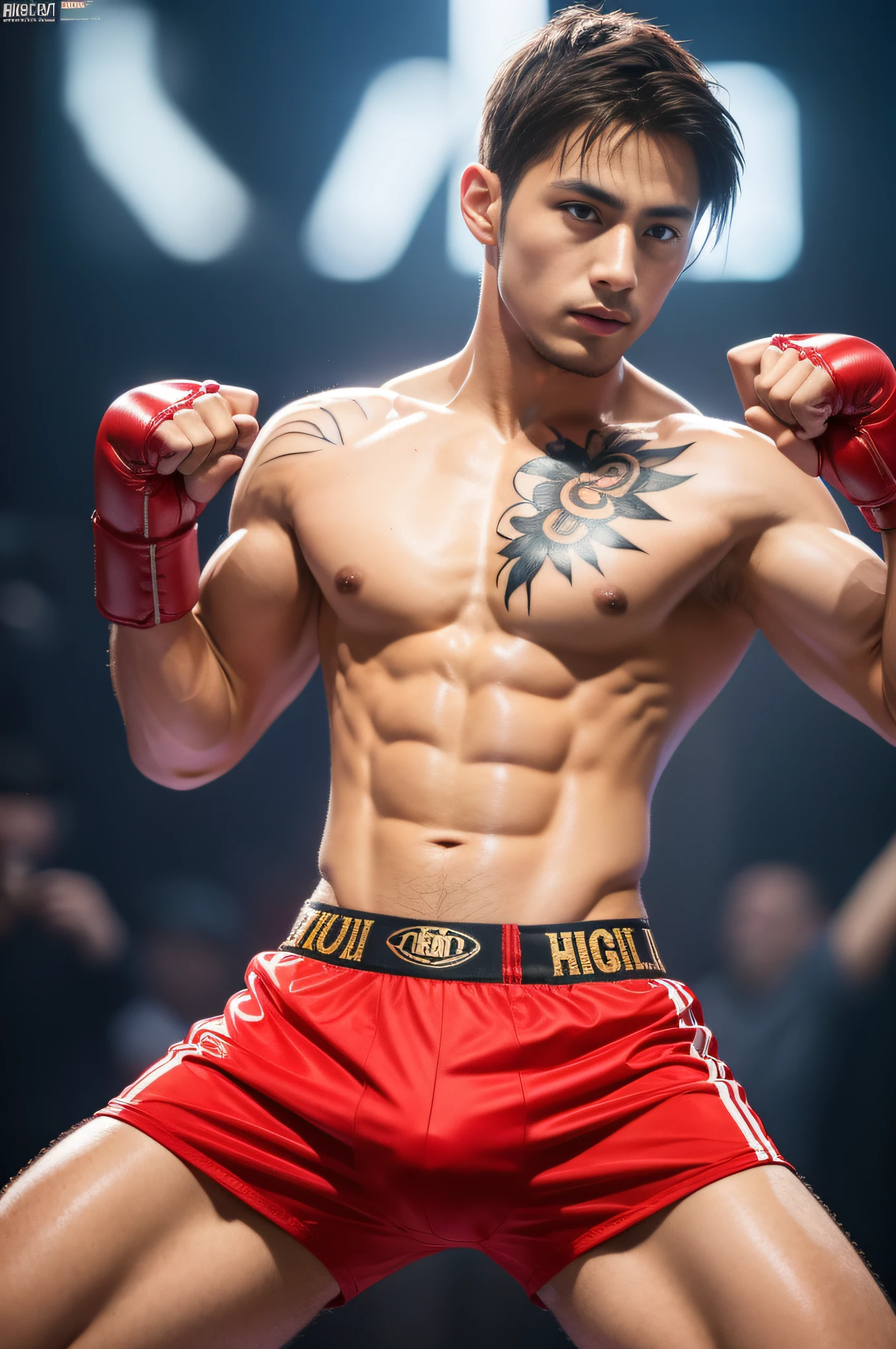 Handsome guy, 25 years old, master work, best picture quality, higher quality, high detail, super high resolution, 8k resolution, delicate facial features, boy, big muscles, tattoos, glowing eyes, short hair, hair details, [[Look away, look to the side, emphasize homosexuality and pay attention to every detail , Muay Thai suit, Muay Thai ring ((((crotch bulge))))) whole body