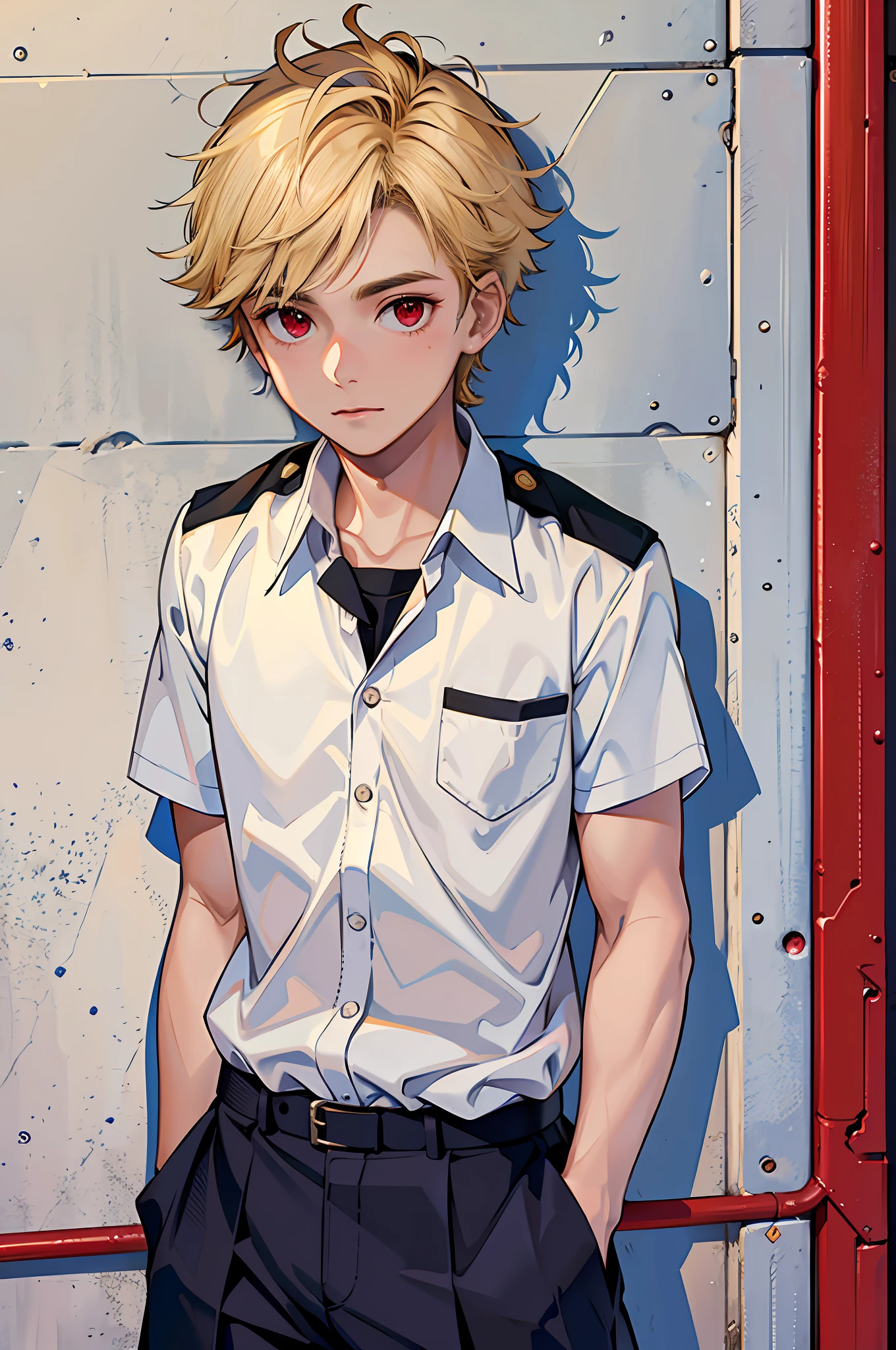 (Best Quality: 1.2), (Boys about 17 years old), (Short Blonde Hair: 1.2), (Red Eyes: 1.2), (1 person), (School uniform)