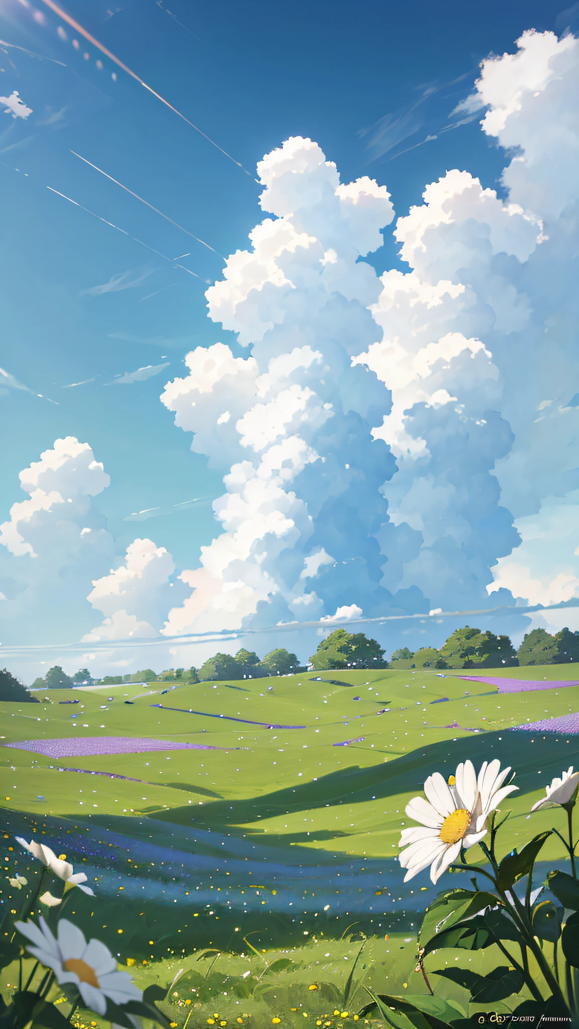 Summer, meadows, a few small flowers, heavenly views, large clouds, blue skies, hot weather, HD detail, wet watermarks, hyper-detail, cinematic, surrealism, soft light, deep field focus bokeh, ray tracing, and surrealism. --v6