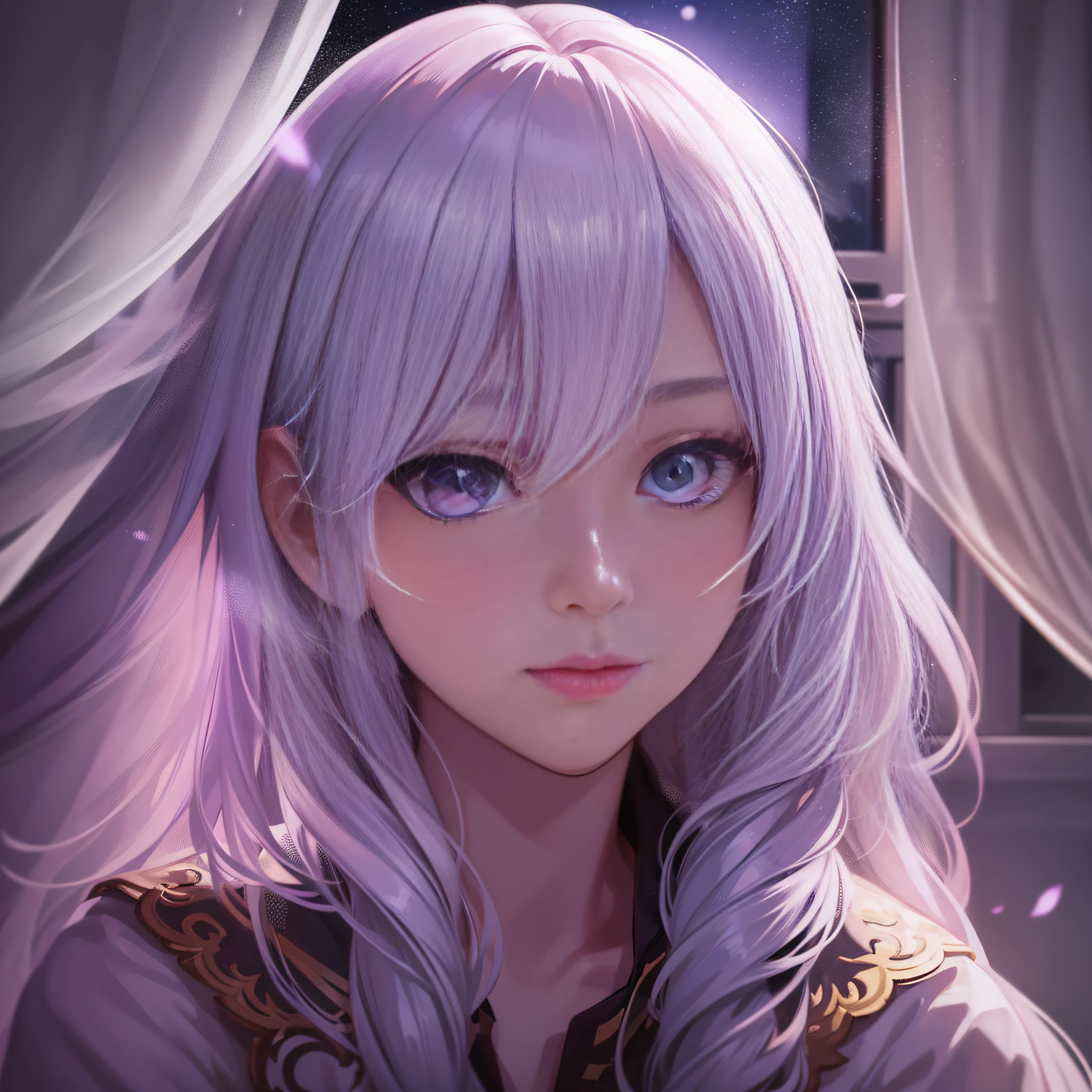 High quality illustration, super detailed portrait of a girl
Detailed depiction of a girl's face (especially eyes)
Masterpiece portrait of a girl
White hair full of life
Deep purple eyes, shining pure in the moonlight
High-resolution illustrations, both in large prints and on the screen, are very clear
Glowing eyes bring the audience a strong sensory experience
Medium breathing, which can be felt from the girl's slightly heaving chest and gentle breathing of her nose
The girl sits on a warm bed with her body gently hanging to one side
The bed was covered with elegant purple sheets, which made the girl even brighter
The curtains are pulled open, and the light coming through the windows adds to the mystery and warmth of the room
We can see the lake where she is, with a faint light in the distance, suggesting that there are other legendary characters elsewhere
The moonlit night sky and backlight gave the girl's face, hair and sheets a wonderful light and shadow effect
The high contrast and brilliant colors make the illustration particularly vivid and three-dimensional.
