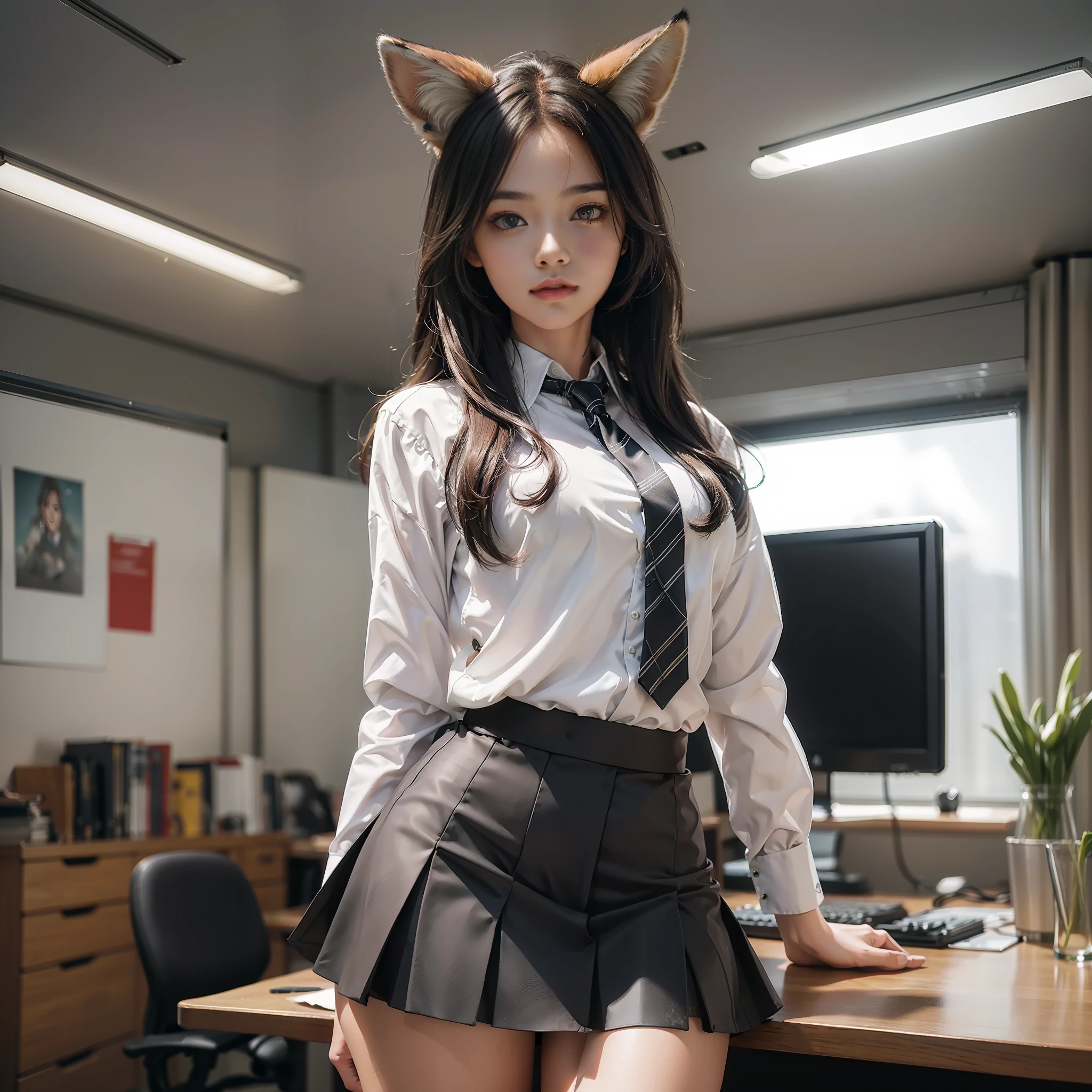 (masterpiece), (best quality), 8k resolution, ultra-detailed, hyper-detailed, realistic, photograph, photorealism, (1girl), girl with fox tail, in the office, beautiful girl, secretary uniform, mini skirt, stunning beauty, stand, cool pose, sexy, cinematic light, happy