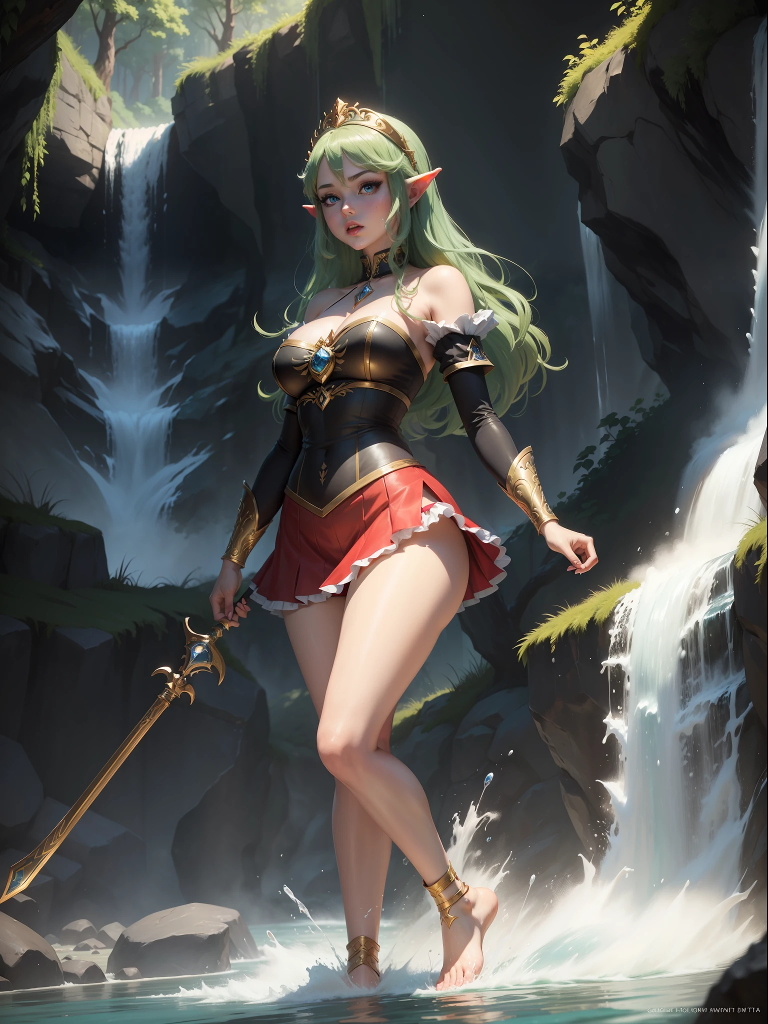 ((full-body photo, feet on the ground, front view)). Princess Zelda, {big breasts, red cheeks, red lipstick on her mouth, looking at the viewer}, ({black outfit with gold trim/maid's outfit with short shorts)}, she's bathing in a waterfall in an open area falling water, clothes and hair soaked. She has {(short green hair, blue eyes)}, anime, anime style, motion blur, 16k, high quality, super detail, textured skin, anatomically correct, masterpiece, masterpiece, masterpiece, UHD, ccurate