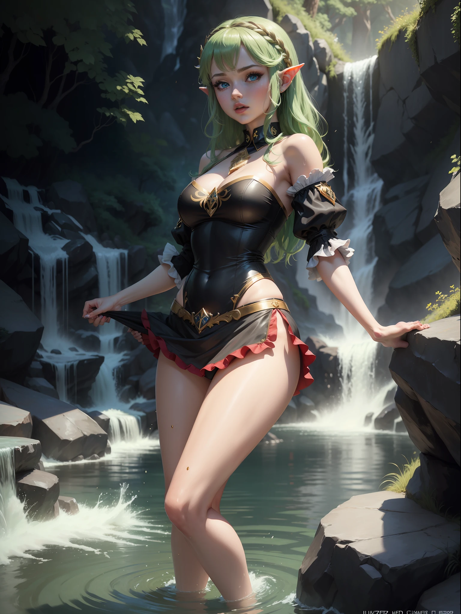 ((full-body photo, feet on the ground, front view)). Princess Zelda, {big breasts, red cheeks, red lipstick on her mouth, looking at the viewer}, ({black outfit with gold trim/maid's outfit with short shorts)}, she's bathing in a waterfall in an open area falling water, clothes and hair soaked. She has {(short green hair, blue eyes)}, anime, anime style, motion blur, 16k, high quality, super detail, textured skin, anatomically correct, masterpiece, masterpiece, masterpiece, UHD, ccurate