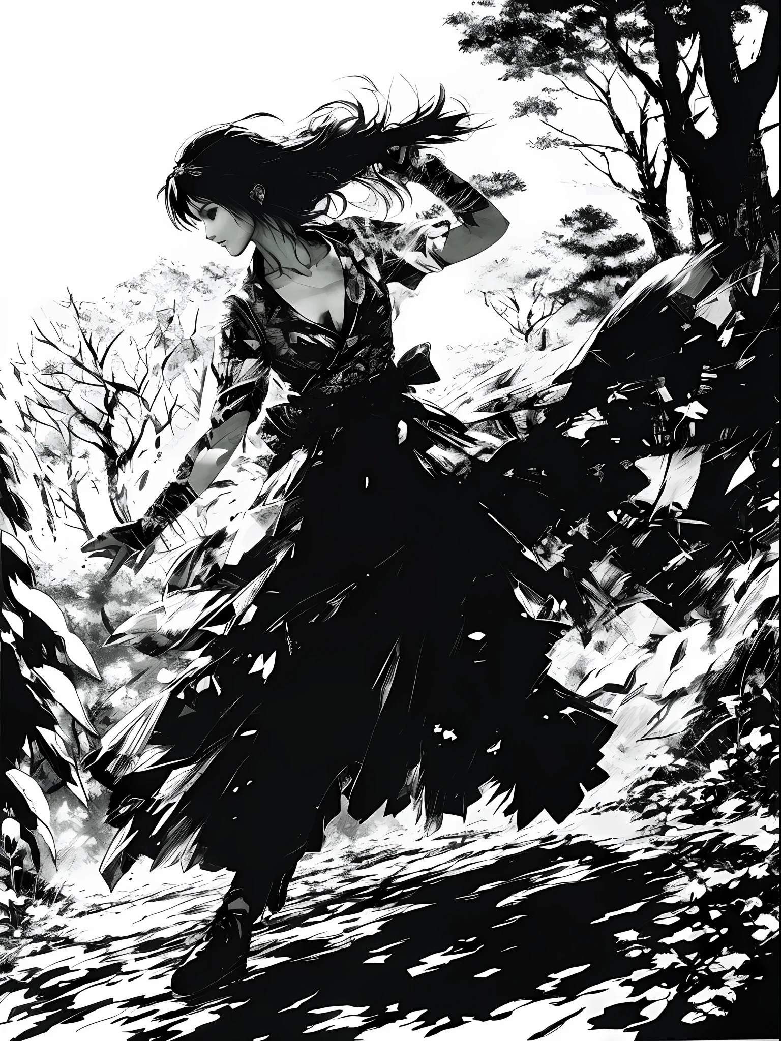 Dance in the forest, Yoji Shinkawa style, black and white, print, super detailed
