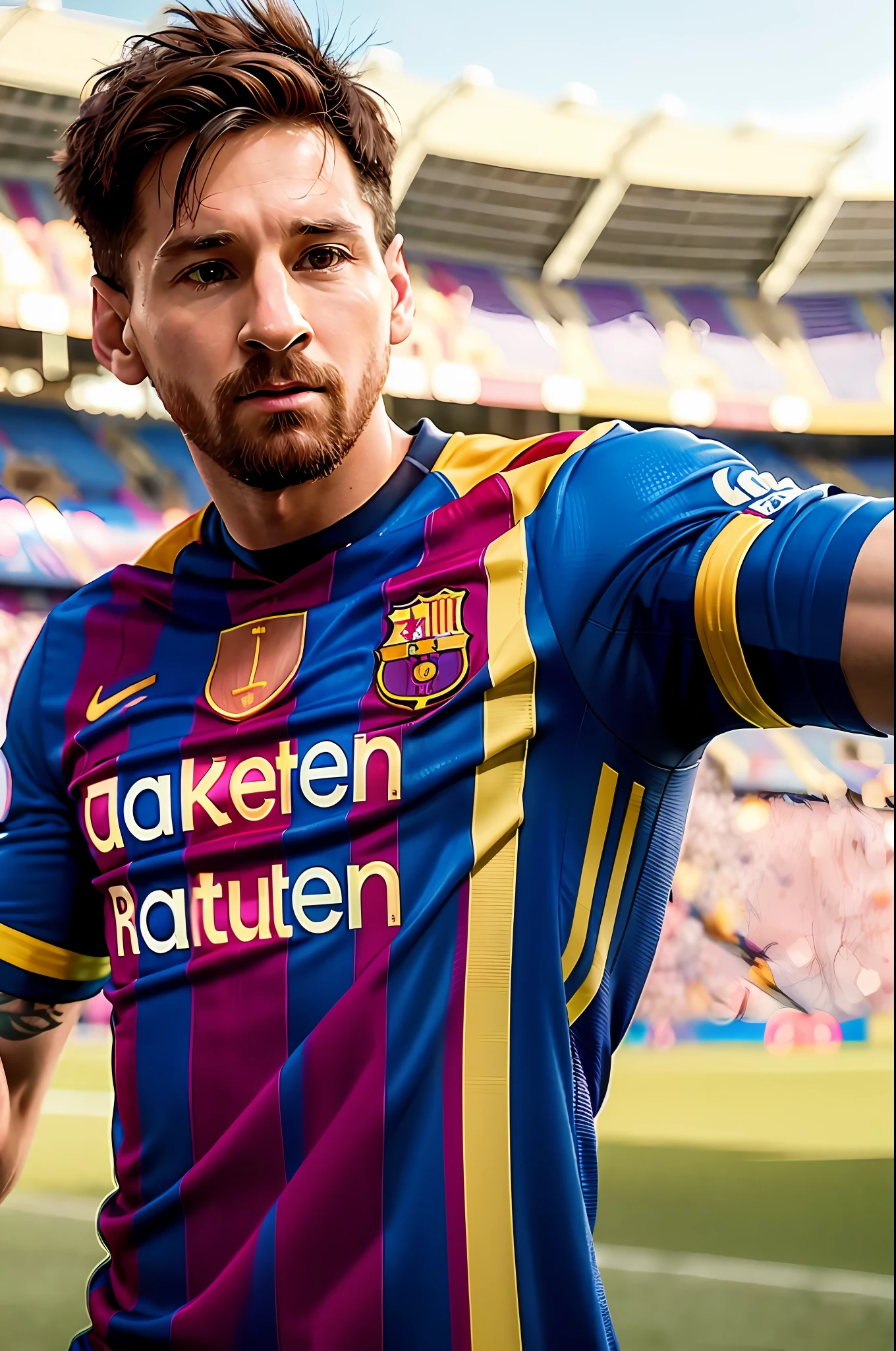 masterpiece, 8K, photorealistic, detailed face,
1 boy, Lionel Messi, Barcelona jersey, stadium, football,
realistic