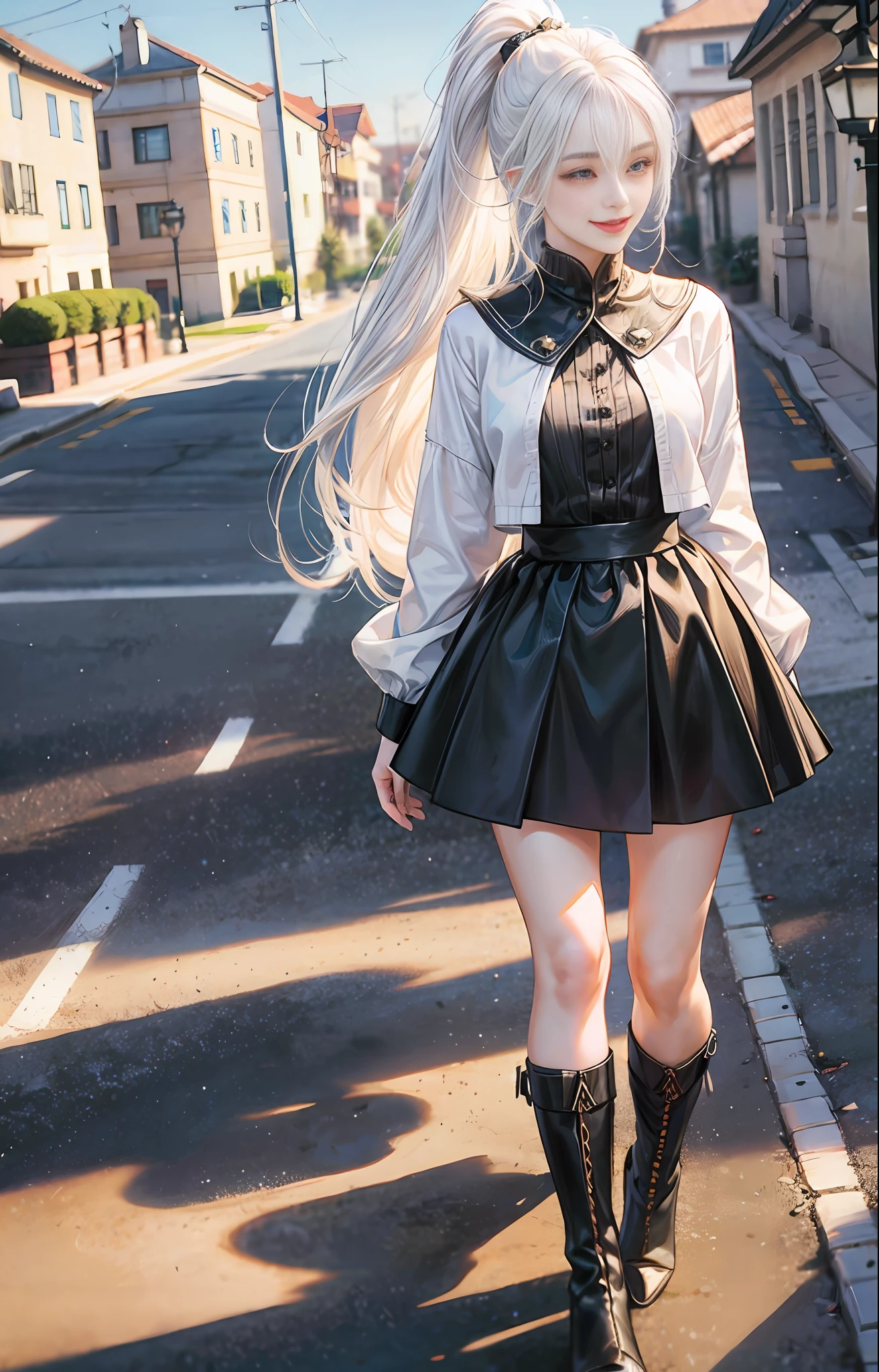 Best quality, 4k quality, 1girl, blurred background, super high detail, full body shot, sideways photo, standing, standing straight, high ponytail, white hair, long hair fluttering in the wind, DSLR camera, smile healing, very beautiful