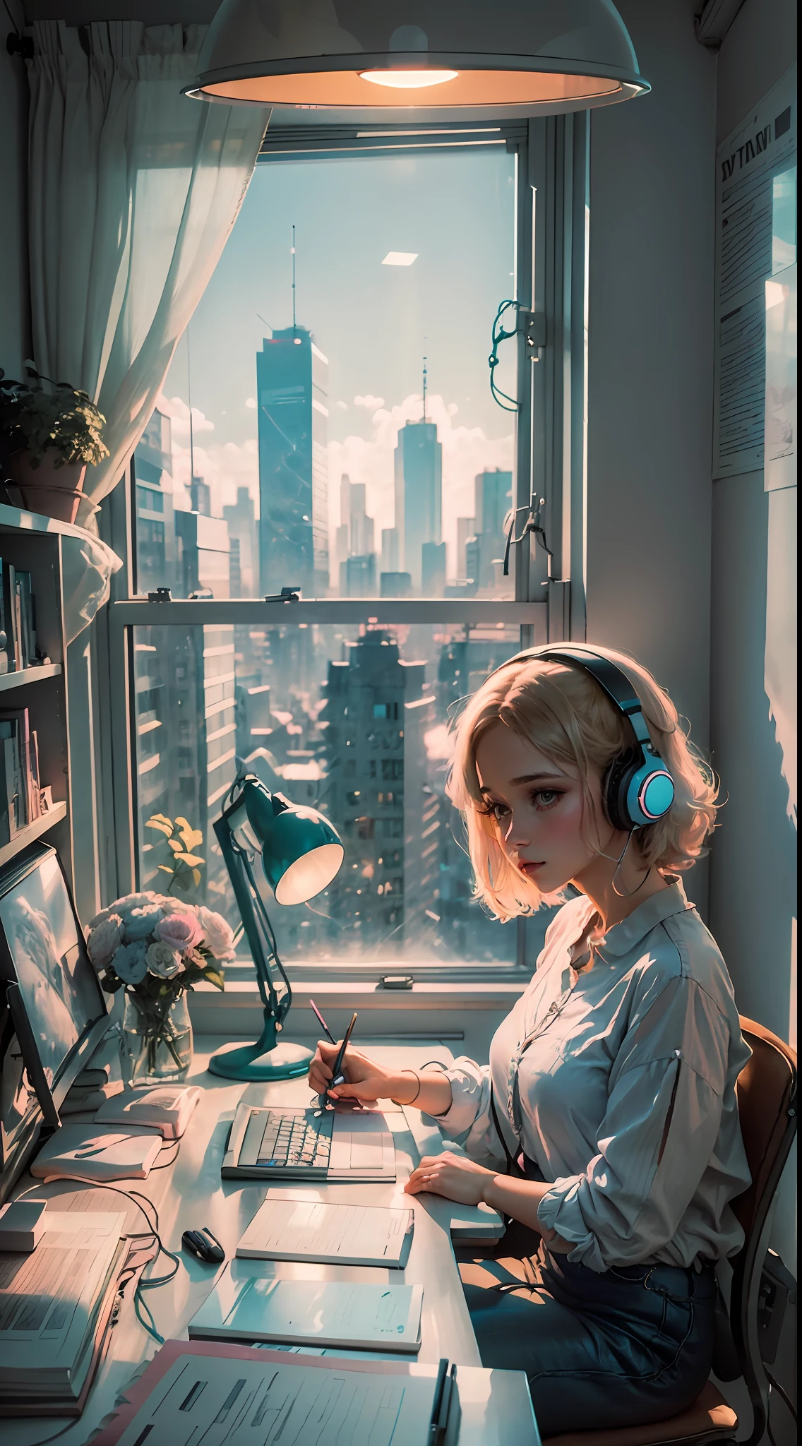 Beautiful girl, soft lighting, (pastel color palette), computer screen, (minimalist desk), sketchbook, (neon sign), headphones cord, (vintage phone), desk lamp, pens and pencils, (retro posters), (nostalgic), (contemporary art style), flowers in vase, (romantic atmosphere), window with city view, (asymmetric composition), (creative energy)
