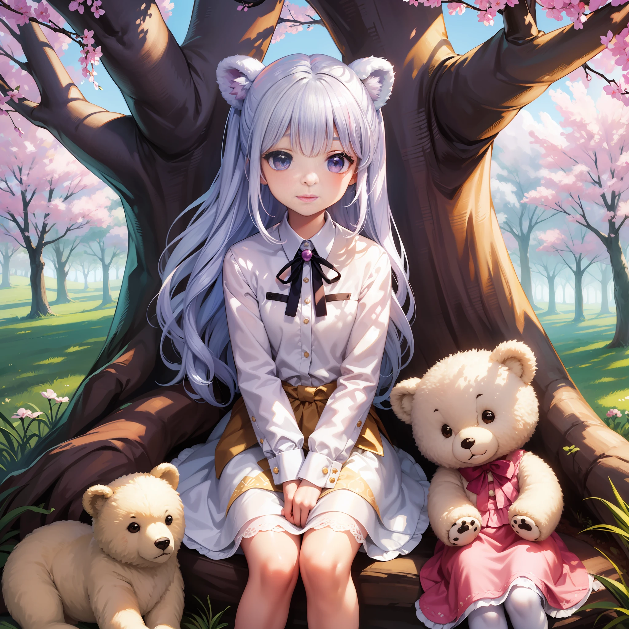 Loli has a cute face, gentle eyes and slightly upturned lips
Wearing a pink lace shirt and a lilac skirt, she exudes a fresh breath
Lori holds a cute bear toy in her hand with an innocent smile on her face
Exquisite and detailed paintings, especially hair, clothes and marshmallow-like bear toys, facial details such as eyelashes, etc
The description shows Lori's innocence and intimacy, which makes those who see this illustration feel warm and happy
Lori's white hair is particularly bright in the light reflected in the sun, exuding her own feminine atmosphere
Lori's lace shirt has some small flower patterns, which is very suitable for her lively and cute
Lori loves bear toys very much, and the bear toys she holds are also cute and very eye-catching
Loli sits next to a small tree, and there are several small animals playing under the tree, creating a pleasant atmosphere throughout the scene
Some warm colors such as pale pink, lilac, etc. are used in the description to emphasize the warmth of the illustration
The illustration portrays Lori's smile and her clear eyes, showing her cuteness and innocence, triggering love and pity. Hopefully, these keywords will help you imagine a loli with pure white hair, and her pink lace shirt and lilac skirt, shining in the sun, forming a cute, warm scene with bear toys and animals.