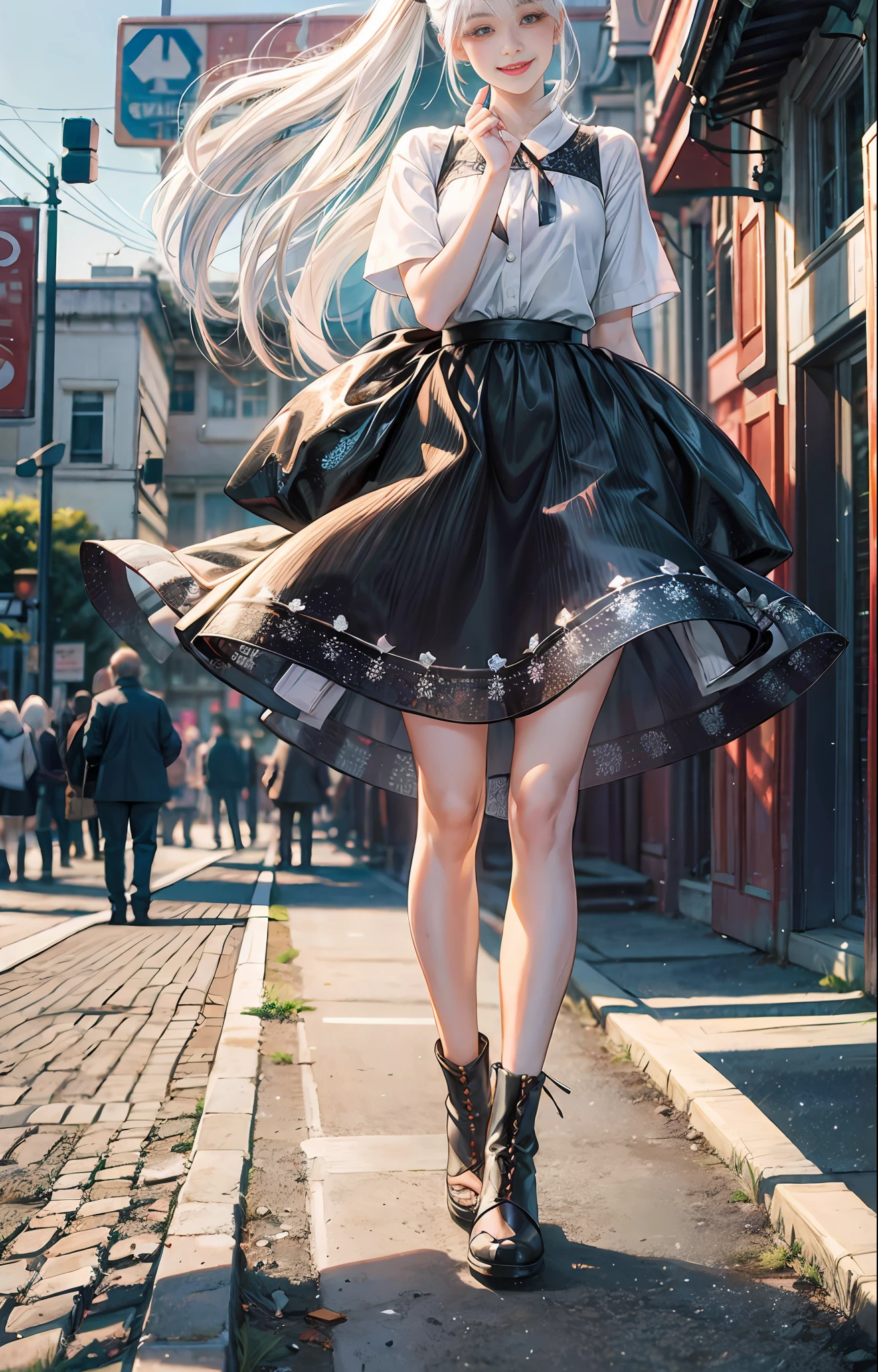 Best quality, 4k quality, 1girl, blurred background, super high detail, full body shot, sideways photo, standing, standing straight, high ponytail, white hair, long hair fluttering in the wind, DSLR camera, smile healing, very beautiful