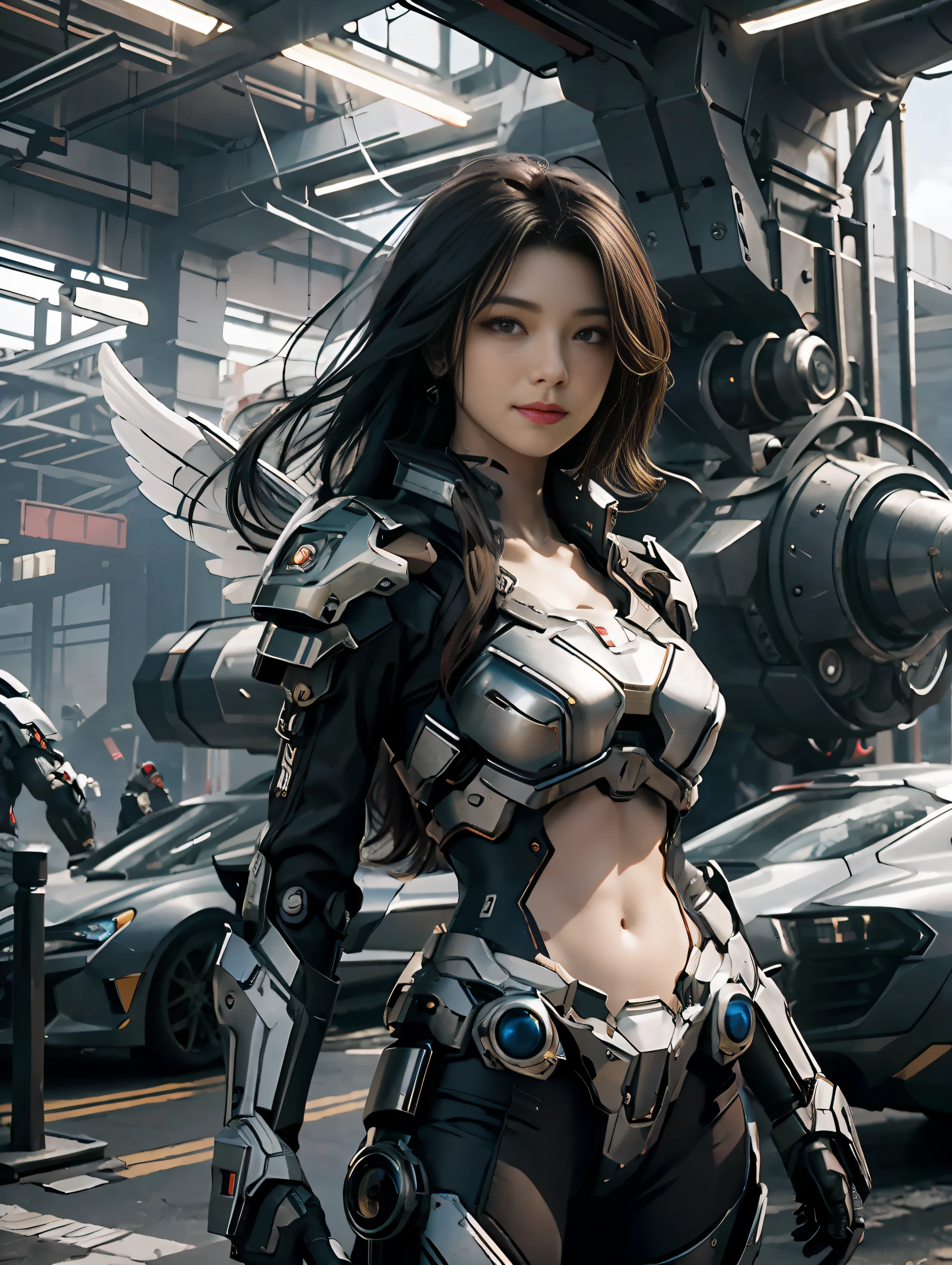masterpiece,(bestquality),highlydetailed,ultra-detailed,1girl,(mechanicalwings:golden,glowingeyes:blue,silverarmor:1.2,elongatedears:0.8),(cyberpunkcity:1.5,weapon:energyblade),(fantasylandscape:1.2,natural lighting:1.5,confidentexpression),(panorama:1.2),mecha, smile,angle,Angels, wings,