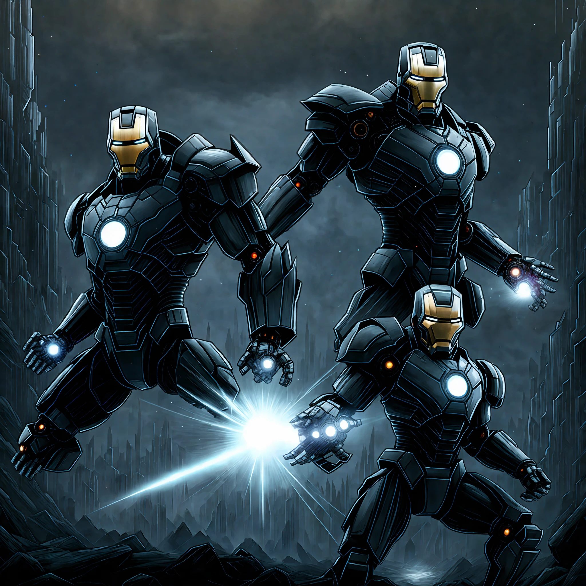 I understood. Here it is优化后的Prompt内容(en语言):
"Masterpiece, amazing quality, extremely detailed painting of Iron Man with all the Infinity Stones, dynamic tone, dramatic lighting, dynamic pose, realistic material and finish, realistic special effects, bright eyes, elegant armor, detailed, dark and mysterious background, striking lighting."