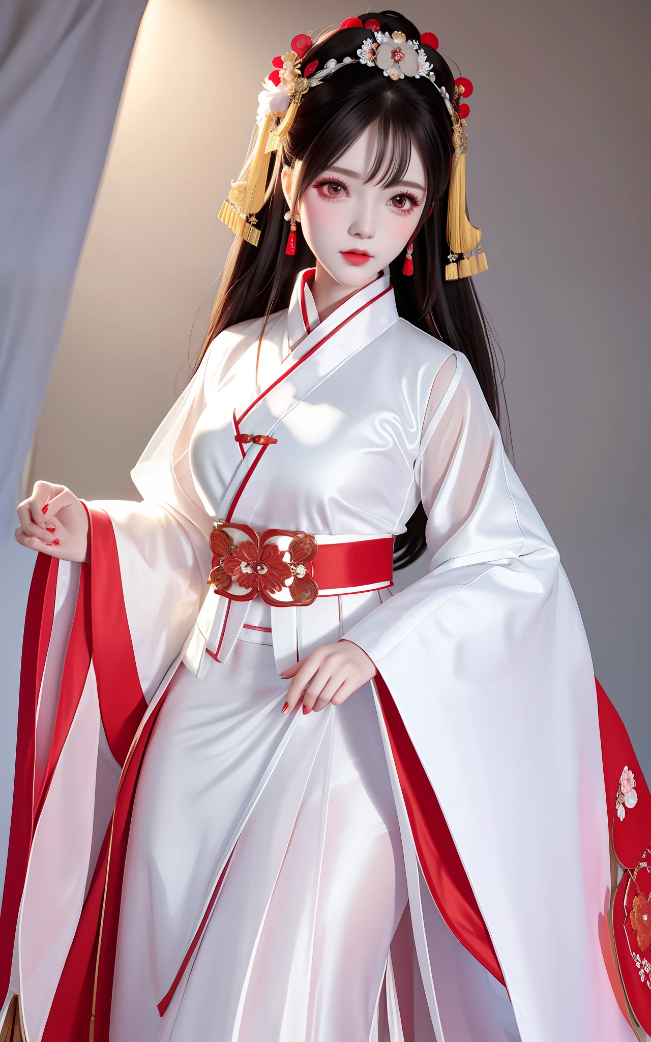Photo, white Hanfu, tulle jacket, red short dress, with rich accessories on the clothes, oval face, big eyes, heavy makeup, waist tied, plump figure, innocent and lovely appearance, beautiful Chinese headwear, front top light, side outline light, low position, eyes looking towards the camera, - v5