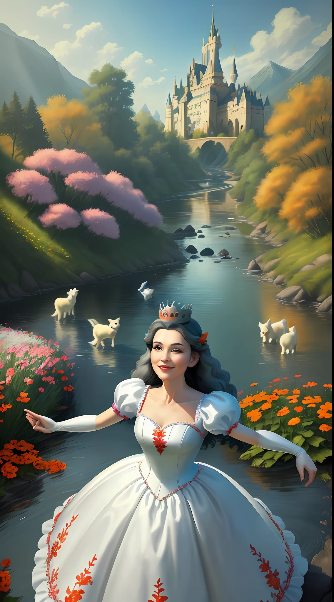 a middle-aged gray-haired Disney Princess Snow White wearing a crown in the woods with many cute animals near her, dancing first-person view. Many flowers of various colors. A sunny day. with a river and a fairytale castle in the background. Walt Disney cartoon style, smiling, masterpiece. With orange and red roses, from outside. Snow White playing with animals, Wide-Angle, f/2.8, Canon, wide shot, from above, from below, first-person view, , sideways, polar opposites, social media composition. A summer day.