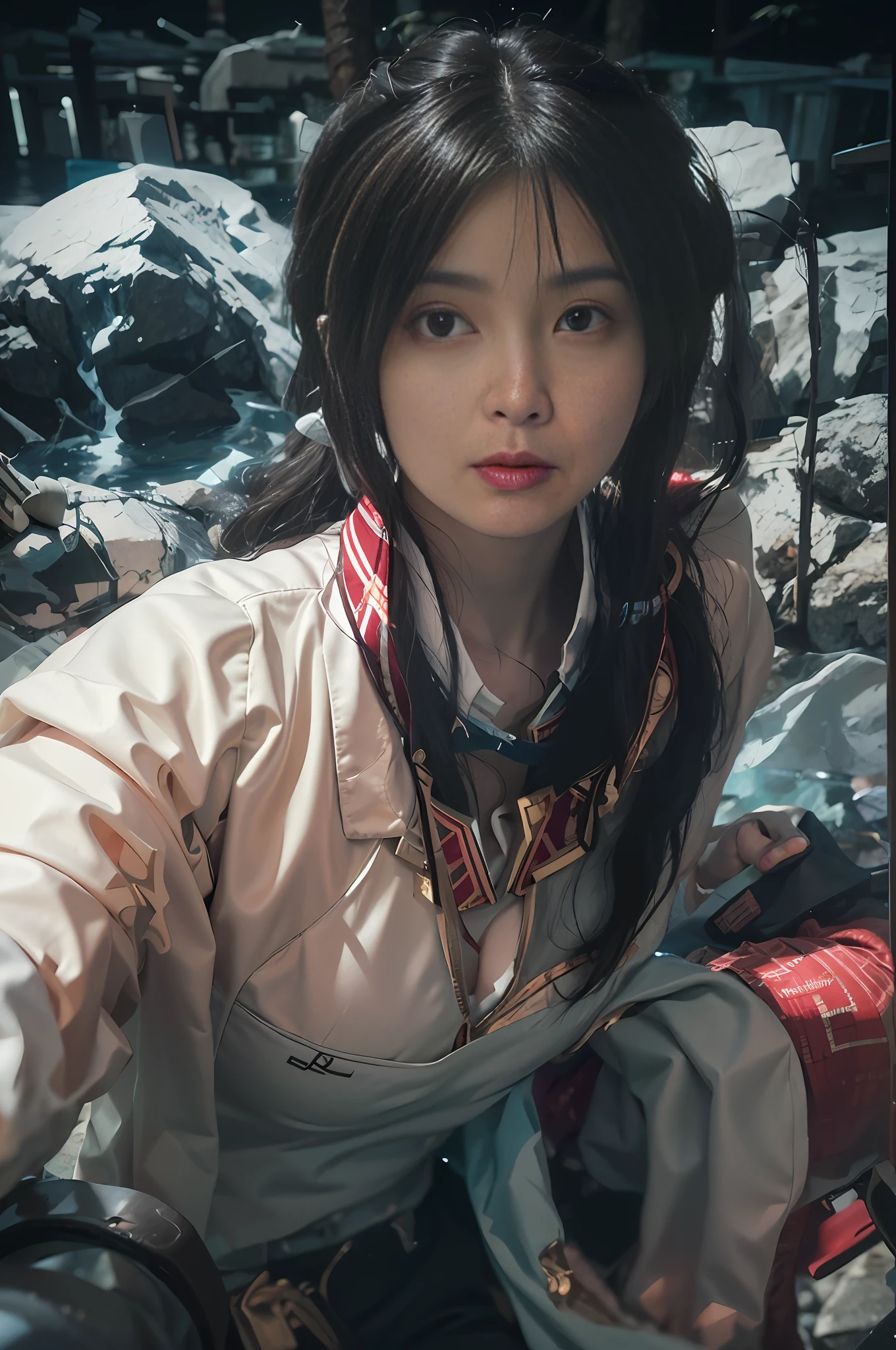 "There is a very detailed face in the dark, 1girl in official uniform, long hair and black/red hanfu. It is a surreal portrait of a woman by David Hockney and Alfa Mumei, in the style of fantasy art and realistic photographs. Using dynamic lighting and volumetric lighting, it was shot at the angle of the Cowboy Shot, presenting 4K picture quality. This award-winning poster can be viewed on ArtStation. "