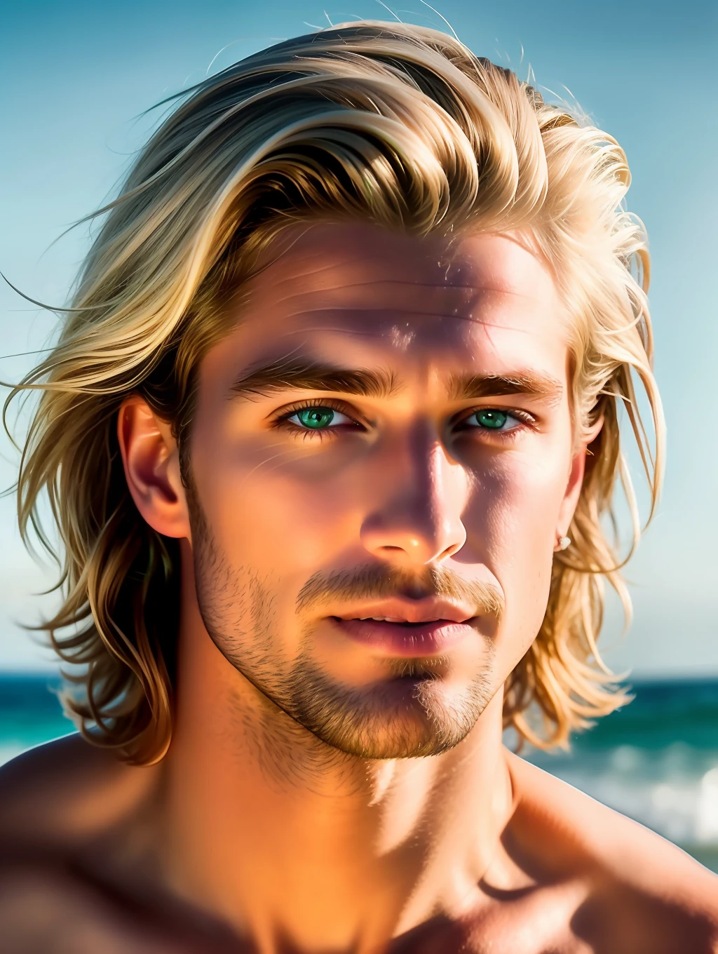 Cinematic soft lighting illuminates a stunningly detailed and ultra-realistic handsome Australian male supermodel, beach look, very short messy windy blonde hair, clear green eyes, captivating perfect smile, sensual, hot man, insanely handsome, that is trending on ArtStation. Octane is the perfect tool to capture the softest details of this 16k photography masterpiece.