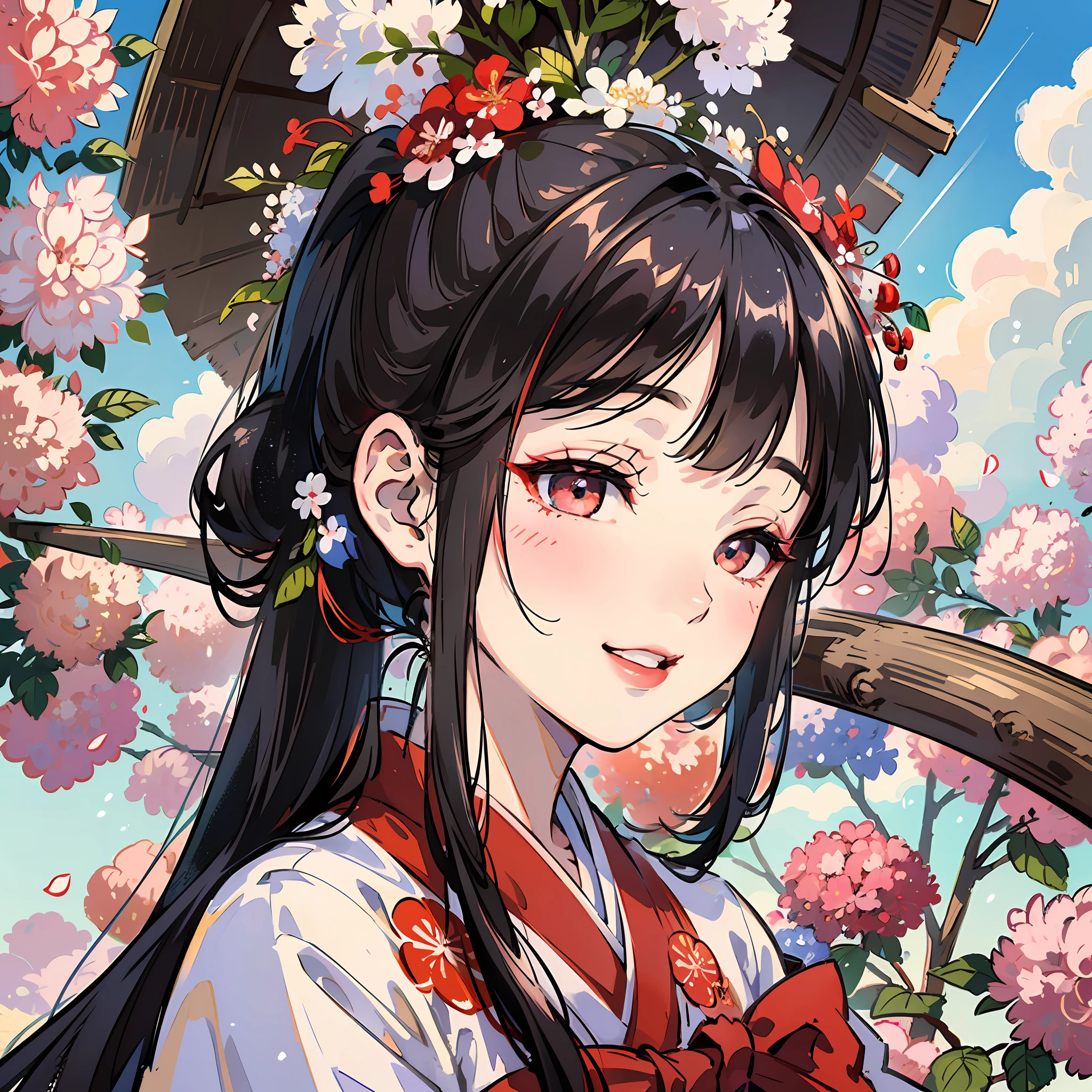Masterpiece, Top Quality, 16K, 8K, 4K, High Definition, Super Detail, Japanese Style, One Beautiful Woman, Upper Body, Japan Person, Big Eyes, Black Eyes, Best Smile, Laughing With Wide Mouth, Smile Closed Eyes, Thick Lips, Red Lipstick, Long Eyes, Looking Up at the Sky, Long Black Hair, Ponytail, Kanzashi on the Head, Red and White Hakama, Hydrangea Blooming Around, In Front of the Temple, Clear Blue Sky, White clouds, rainbows hanging over the sky, --auto --s2