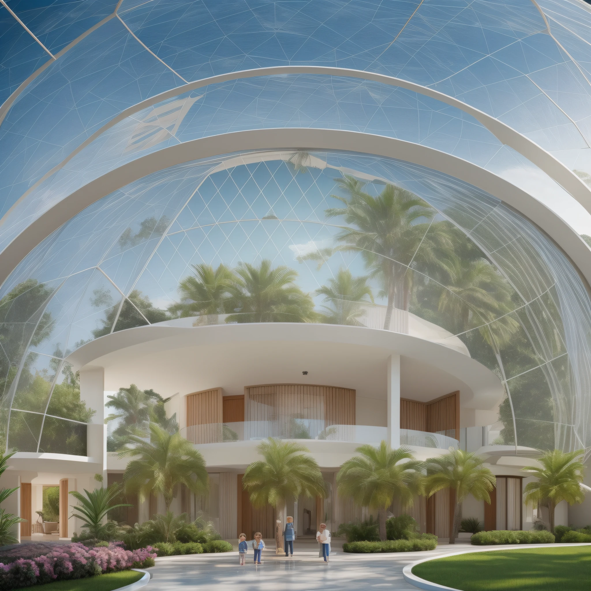 An image of a transparent dome enveloping an imposing house with a family consisting of a couple and two small children in front. Create an atmosphere of safety and security. The scenery inside the dome is pleasant and bright, while outside, the weather is inclement weather, cloudy and rainy. The family inside the dome feels protected. high resolution. RPG