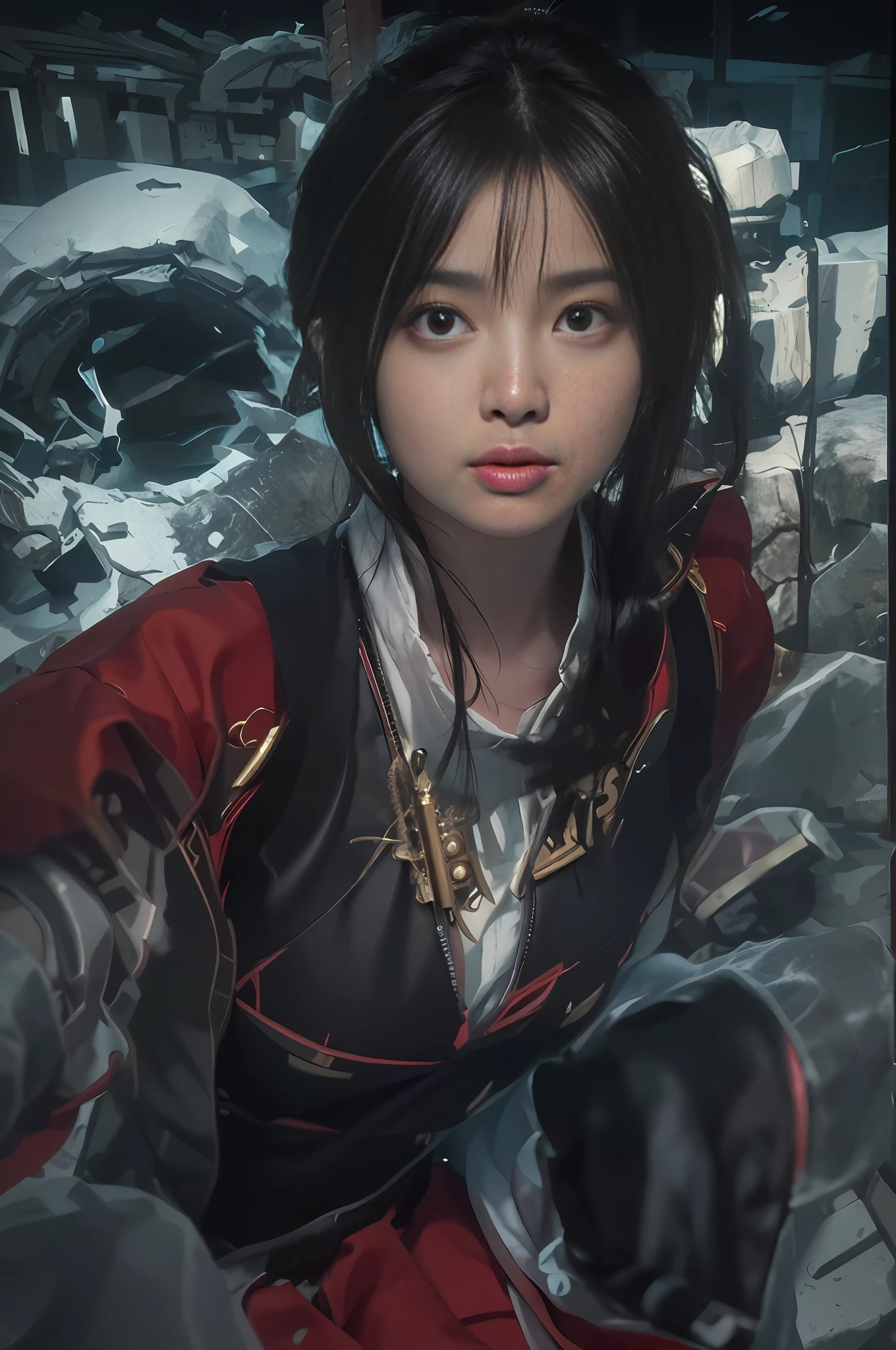 "There is a very detailed face in the dark, 1girl in official uniform, long hair and black/red hanfu. It is a surreal portrait of a woman by David Hockney and Alfa Mumei, in the style of fantasy art and realistic photographs. Using dynamic lighting and volumetric lighting, it was shot at the angle of the Cowboy Shot, presenting 4K picture quality. This award-winning poster can be viewed on ArtStation. "