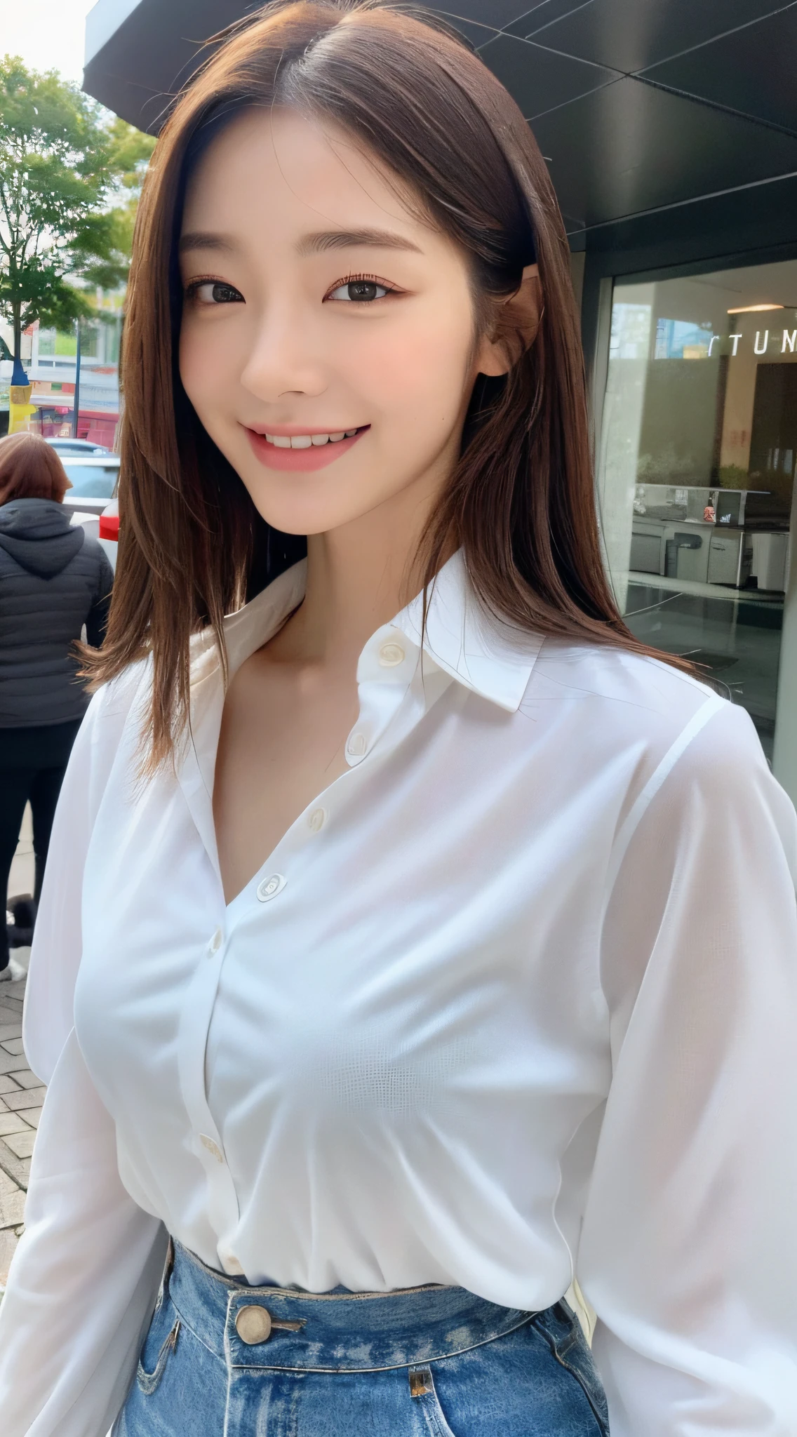 ((Top Quality, 8K, Masterpiece: 1.3)), Sharp Focus: 1.2, Beautiful Women with Perfect Figure: 1.4, Slim Abs: 1.2, (Layered Hairstyles: 1.2)), (Wet White Button Long Shirt: 1.3), Rain: 1.3, Street: 1.2, Wet Body: 1.3, Highly Detailed Face and Skin Texture, Detailed Eyes, Double Eyelids, Big, Smile,
