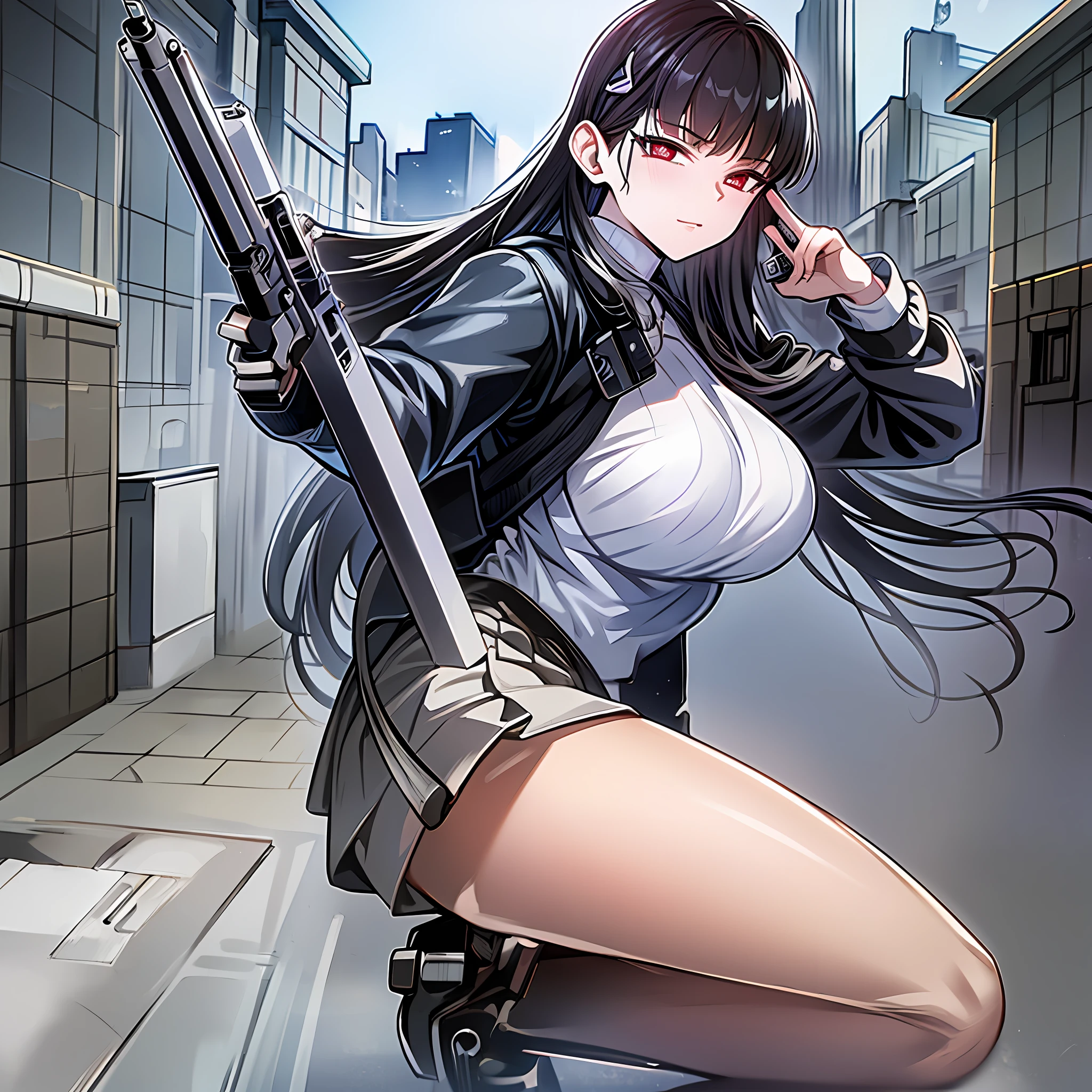 masterpiece, ultra high quality cg, anime, best quality, perfect image, solo, outside, standing, aiming at viewer, holding pistol, handgun, rio, tears, very large breasts,