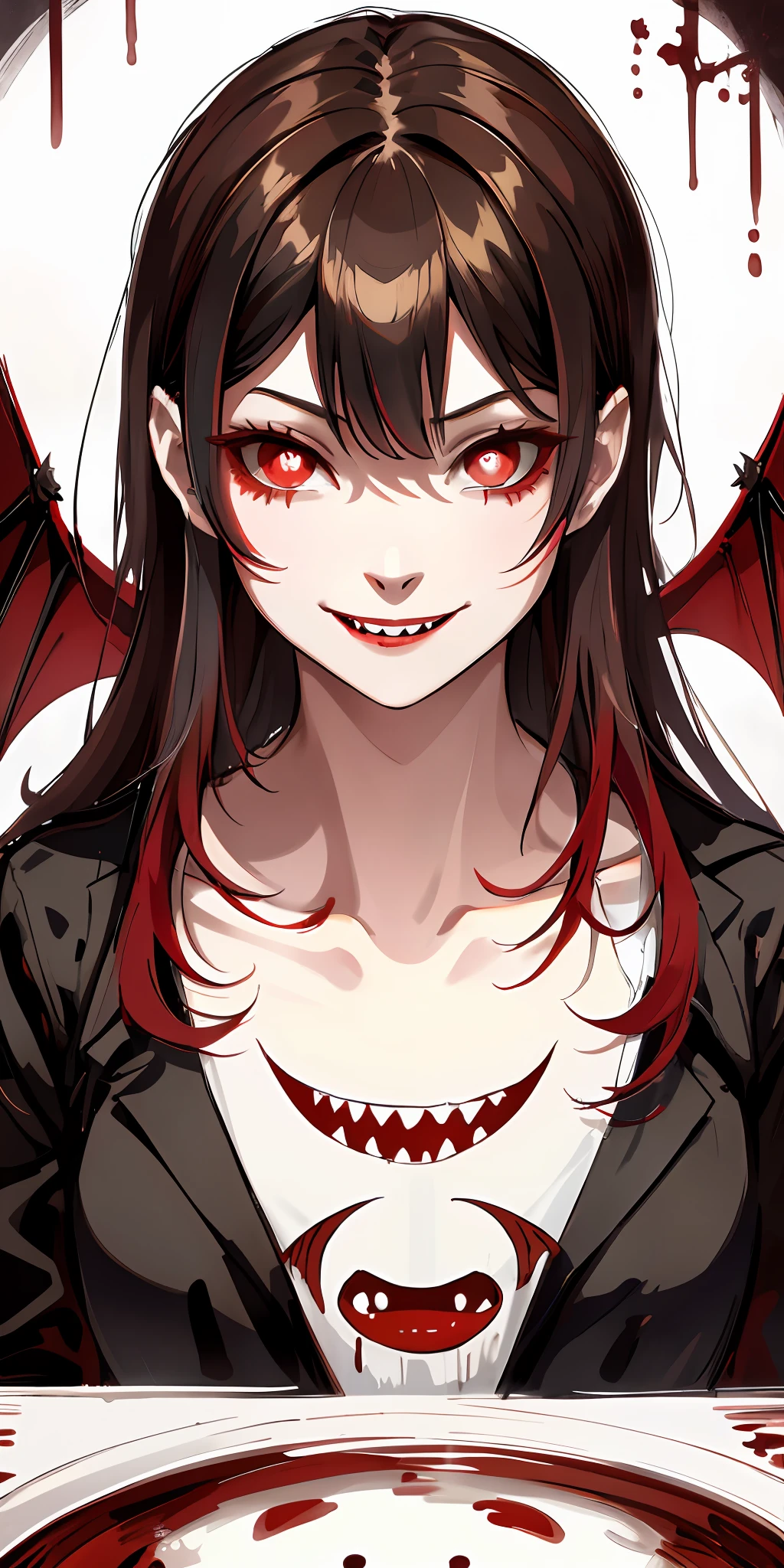 Red eyes, vampir teeth fangs, booldy face, blood out of mouth, smirk,bat wings, scary smile, psychopathic smirk, psychopathic smile, scary, mouth opem, angry eyes, vampire, dark hall background, red + blue + green