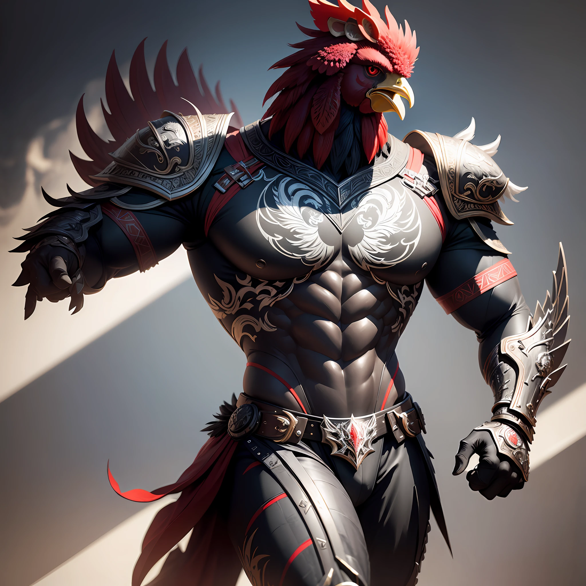 "A stylized rooster in futuristic warrior armor in black metal with white details, richly detailed, with an emphasis on the muscular forms on display. He stands in a majestic pose in the center of a football stadium setting, while his eyes have been dyed ruby red."