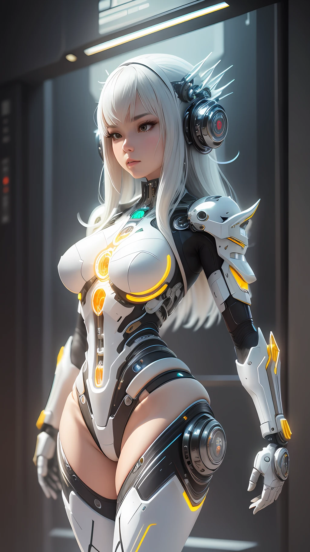 Character Sheet, complex 3d render ultra detailed of a beautiful Japanese girl android cyborg, robotic parts, beautiful studio soft light, rim light, vibrant details, luxurious cyberpunk, android body made of white and silver transparent glass and plastic, , silver metal internal body mechanisms, dynamic pose, flowing organic components, detailed engraving, lacework designs, glowing golden circuitry, art by H.R. Giger, Greg Rutowski
