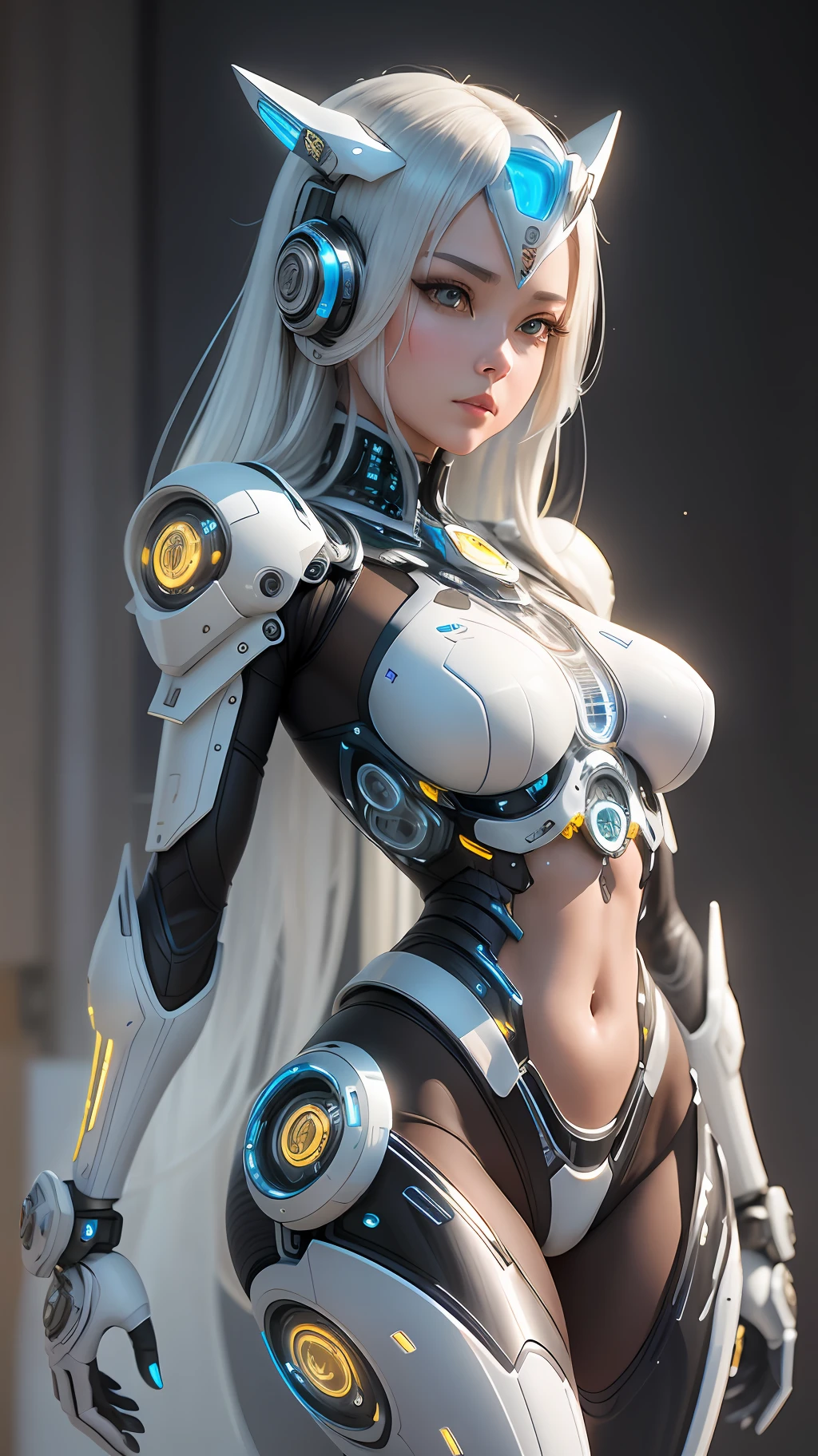 Character Sheet, complex 3d render ultra detailed of a beautiful Japanese girl android cyborg, robotic parts, beautiful studio soft light, rim light, vibrant details, luxurious cyberpunk, android body made of white and silver transparent glass and plastic, , silver metal internal body mechanisms, dynamic pose, flowing organic components, detailed engraving, lacework designs, glowing golden circuitry, art by H.R. Giger, Greg Rutowski